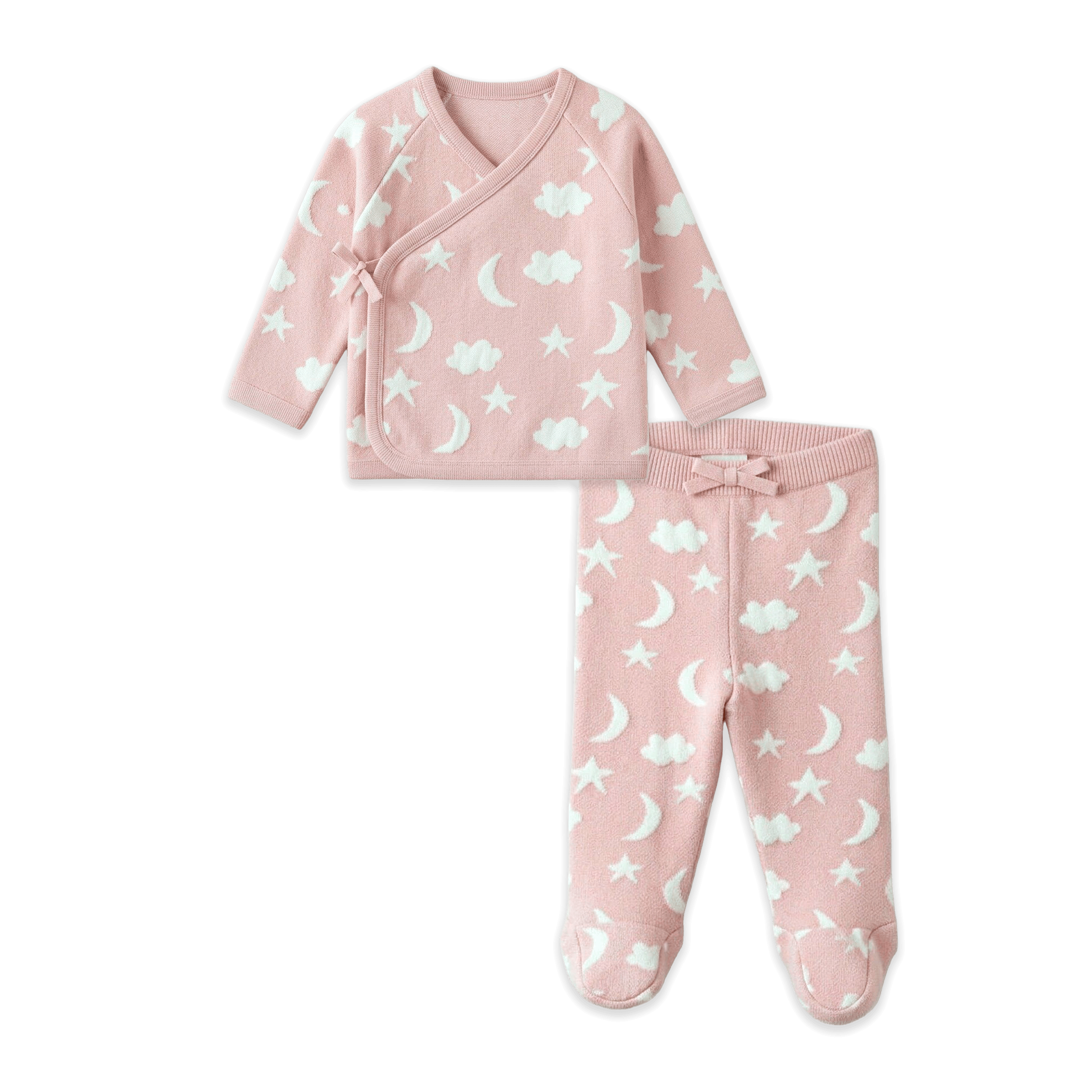 Baby Pink Moon and Stars Dream Knit Kimono Baby Top and Pant Set, Organic Cotton