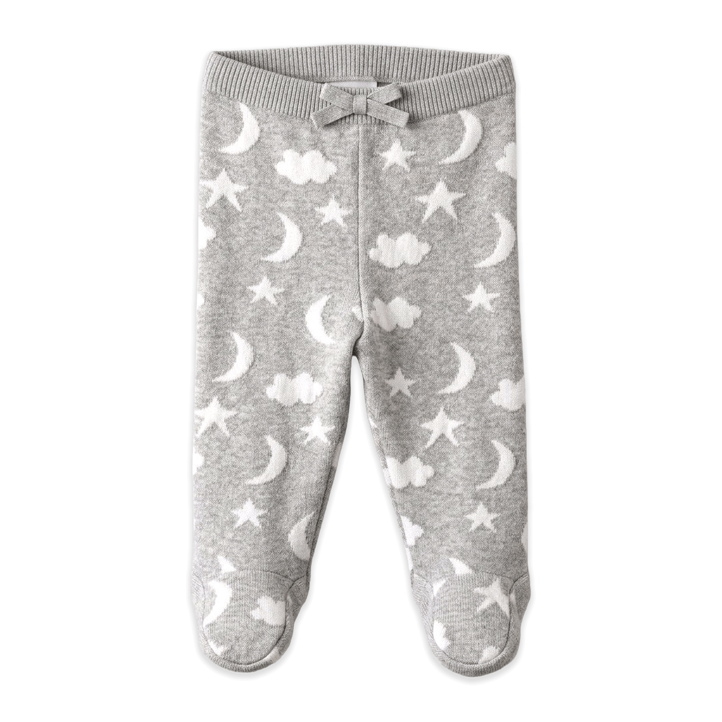 Heather Grey Organic Cotton Moon and Stars Dream Knit Kimono Baby Top and Pant Set, Footed Pants