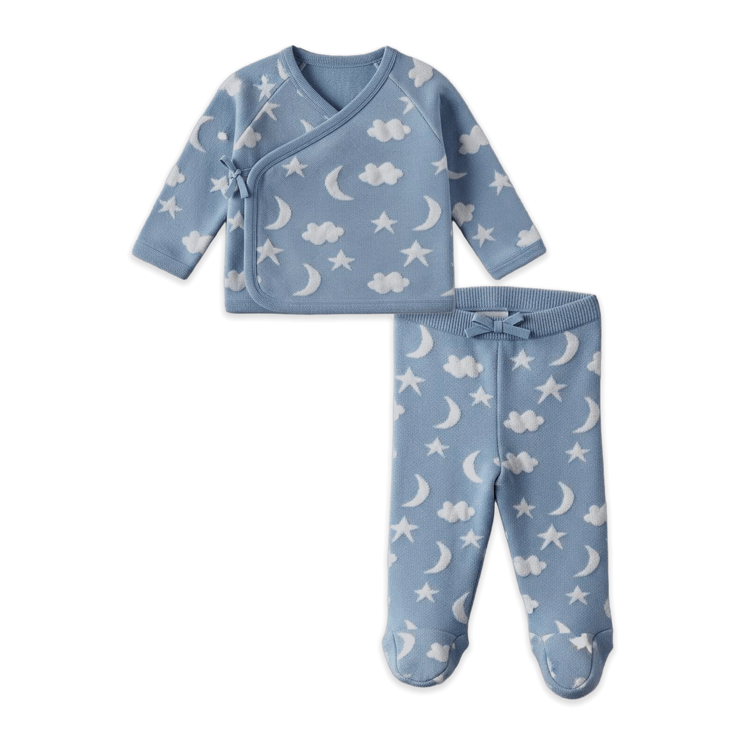 Moon & Stars Dream Knit Kimono Baby Top & Pant Set (Organic Cotton) - Mineral Blue