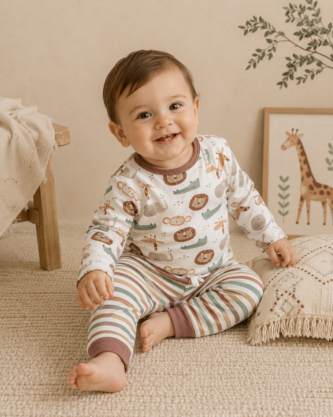 Baby Boy Wearing Safari Animals Baby Tee and Jogger, Organic Jersey by Viverano