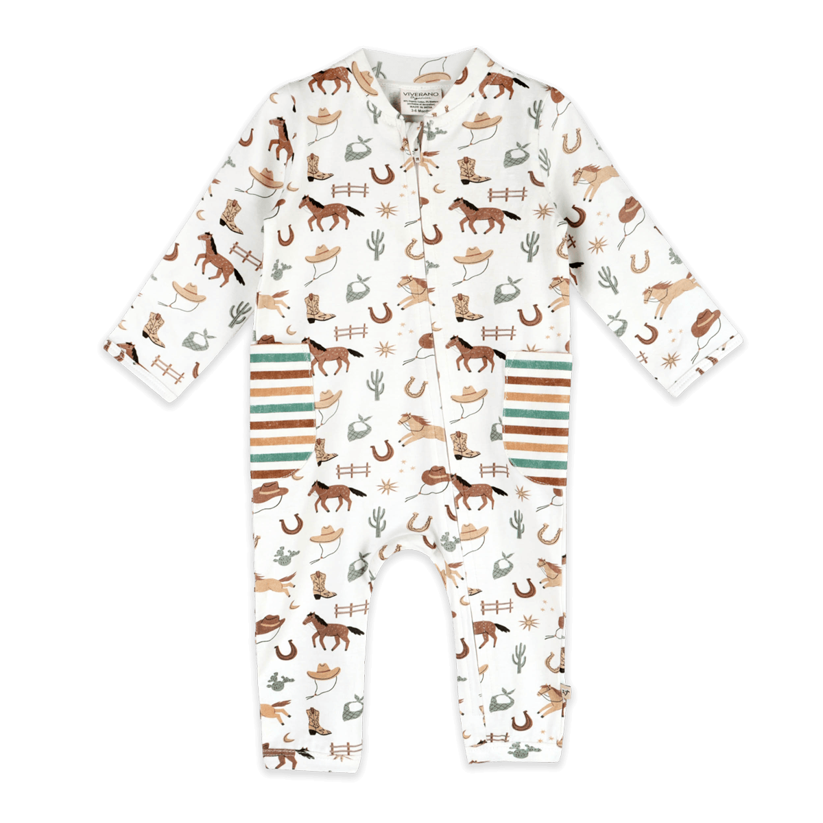 Howdy Horse Side Pocket Baby Zip Jumpsuit (Organic Jersey) - Front