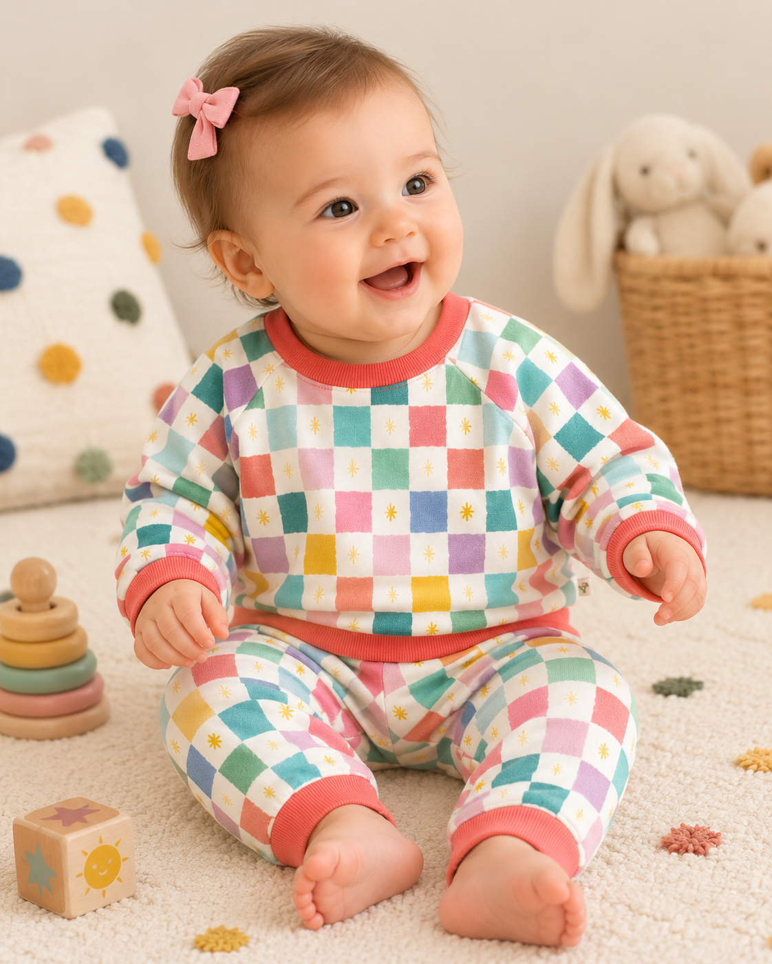 Baby Wearing Colorful Checks Baby Sweatshirt & Jogger, Organic Fleece by Viverano