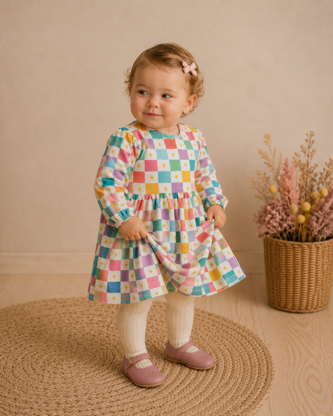 Baby Girl Wearing Colorful Checks Baby Dress & Bloomer, Organic Jersey by Viverano