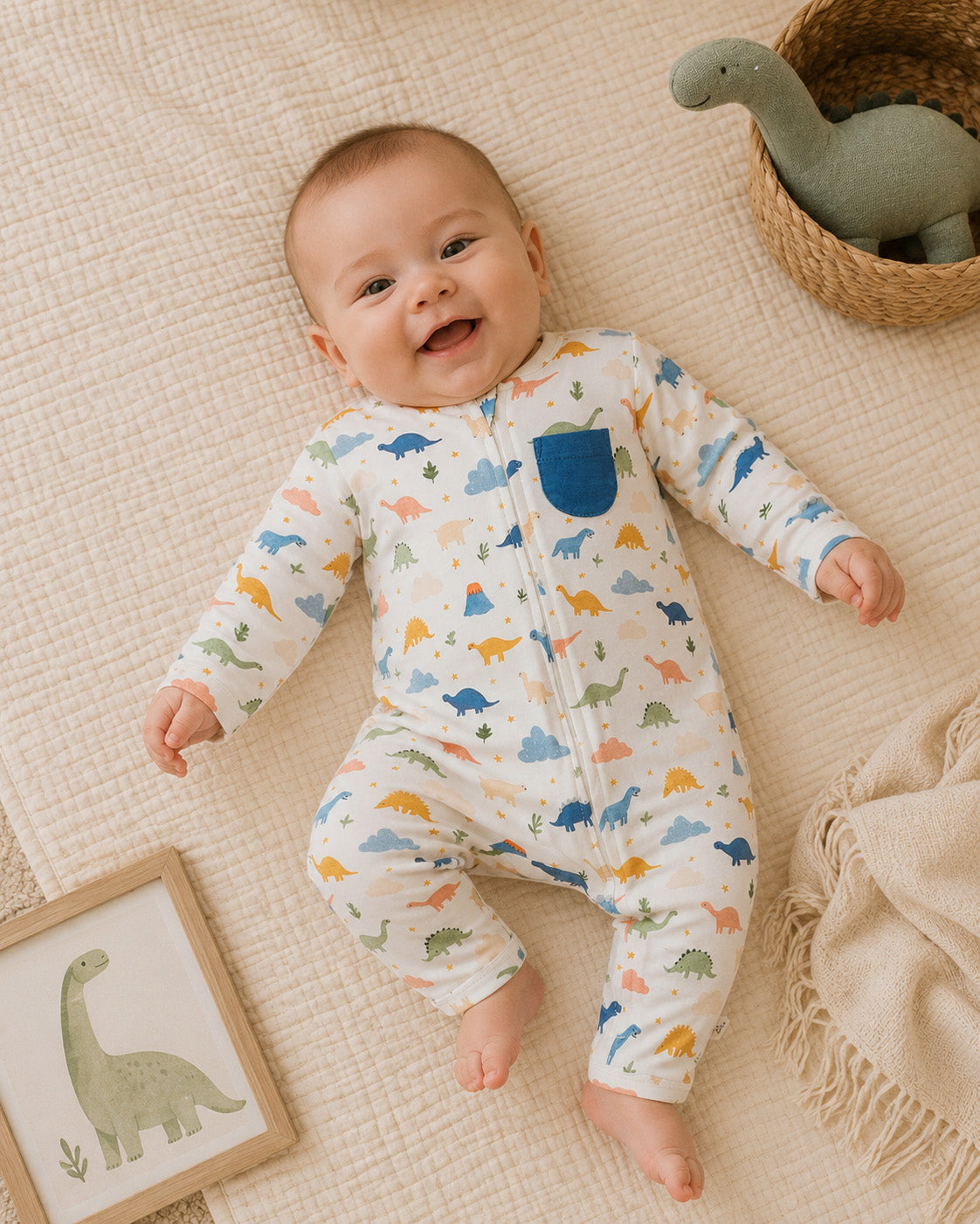 Baby Wearing Dino Classic Baby Jumpsuit, Organic Jersey by Viverano