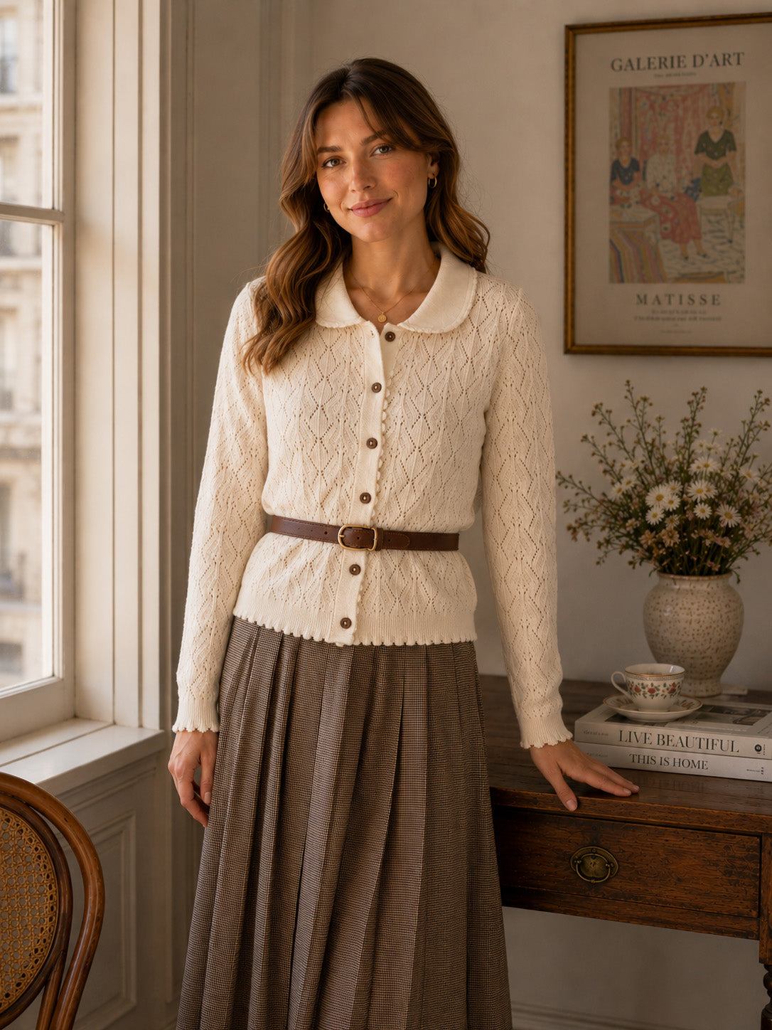 Woman Wearing Phoebe Pointelle Knit Women's Cardigan, Organic Cotton