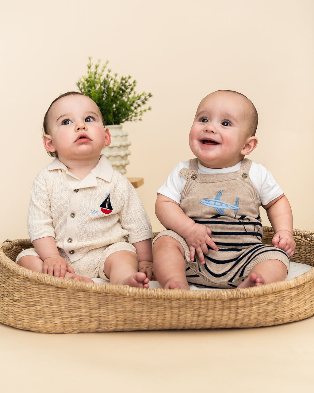 Airplane Stripe Embroidered Baby Knit Romper Set (Organic Cotton) - Models