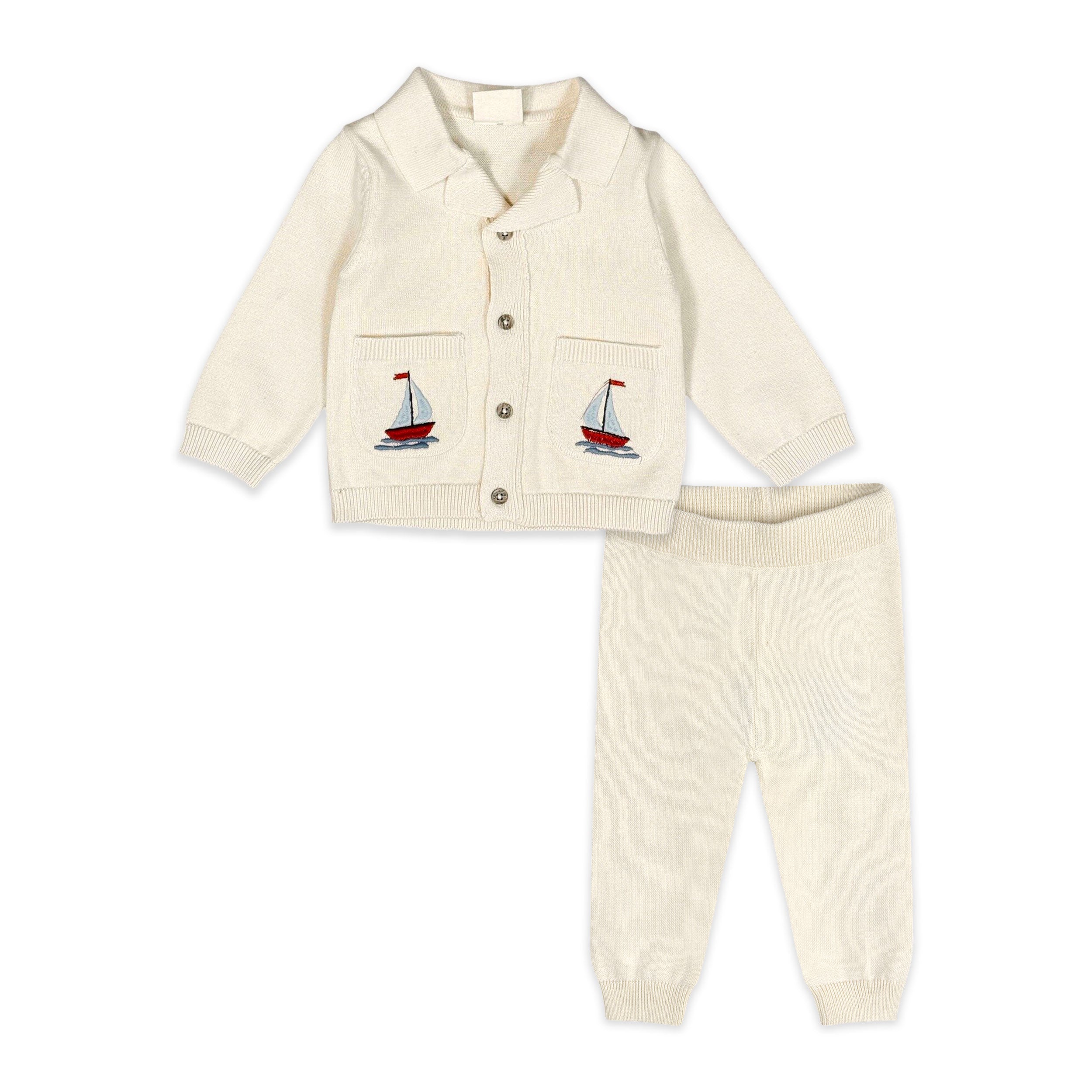Sailboat Embroidered Pocket Baby Shirt & Pants Set (Organic Cotton)