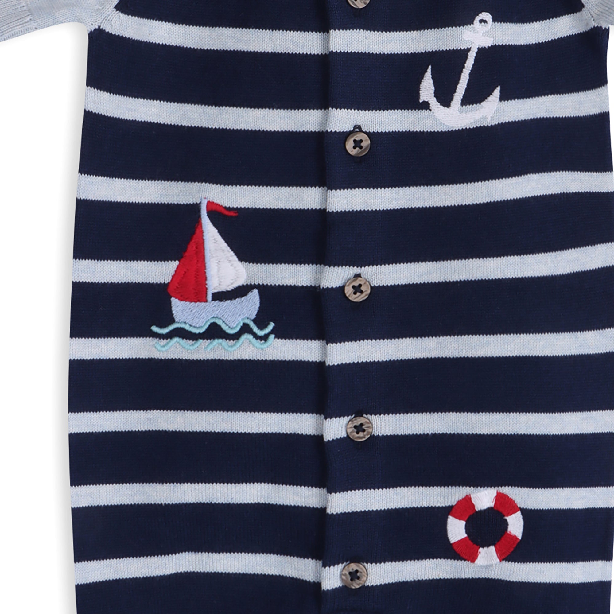 Nautical Stripe Embroidered Baby Knit Romper Detail (Organic Cotton)