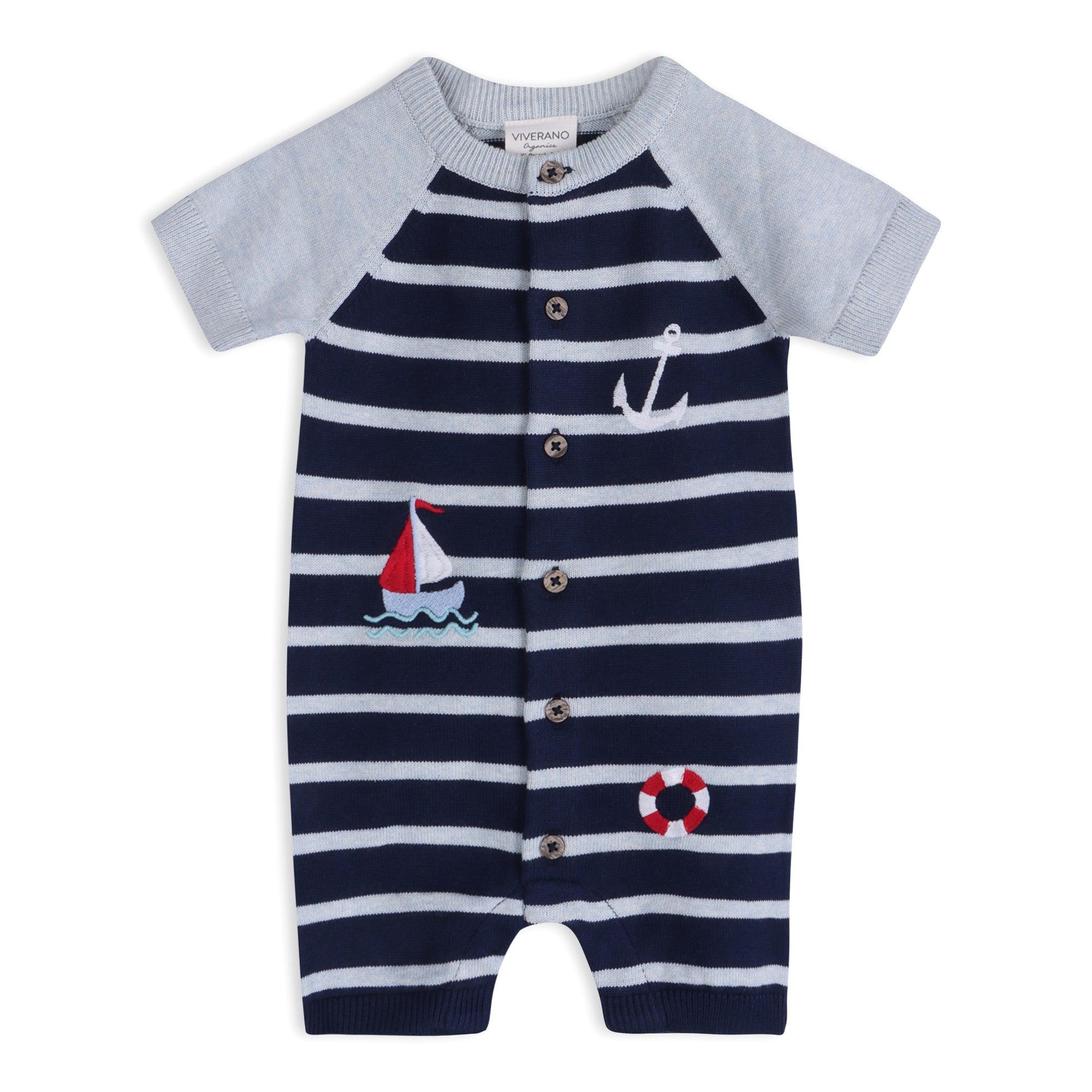 Nautical Stripe Embroidered Baby Knit Romper (Organic Cotton)
