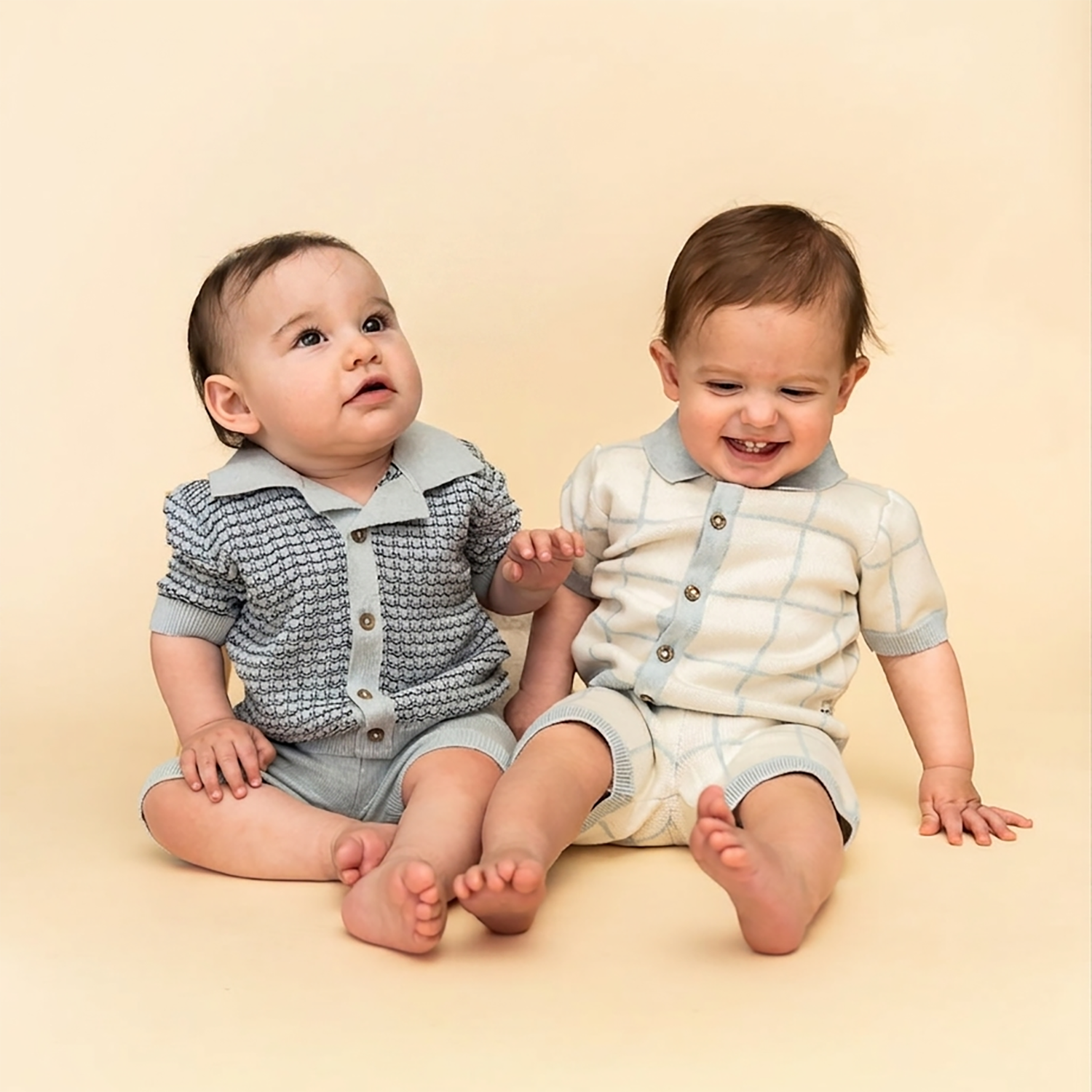 Miles Wave Textured Baby Shirt & Shorts Set (271023) and Checkered Jacquard Baby Shirt & Shorts Set (271006) by Viverano