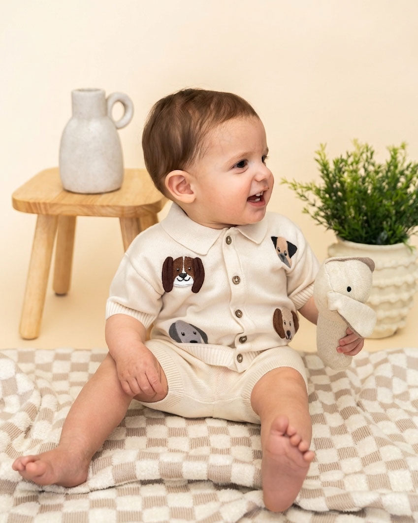 Doggy Embroidered Baby Shirt & Shorts Set (Organic Cotton) - Model