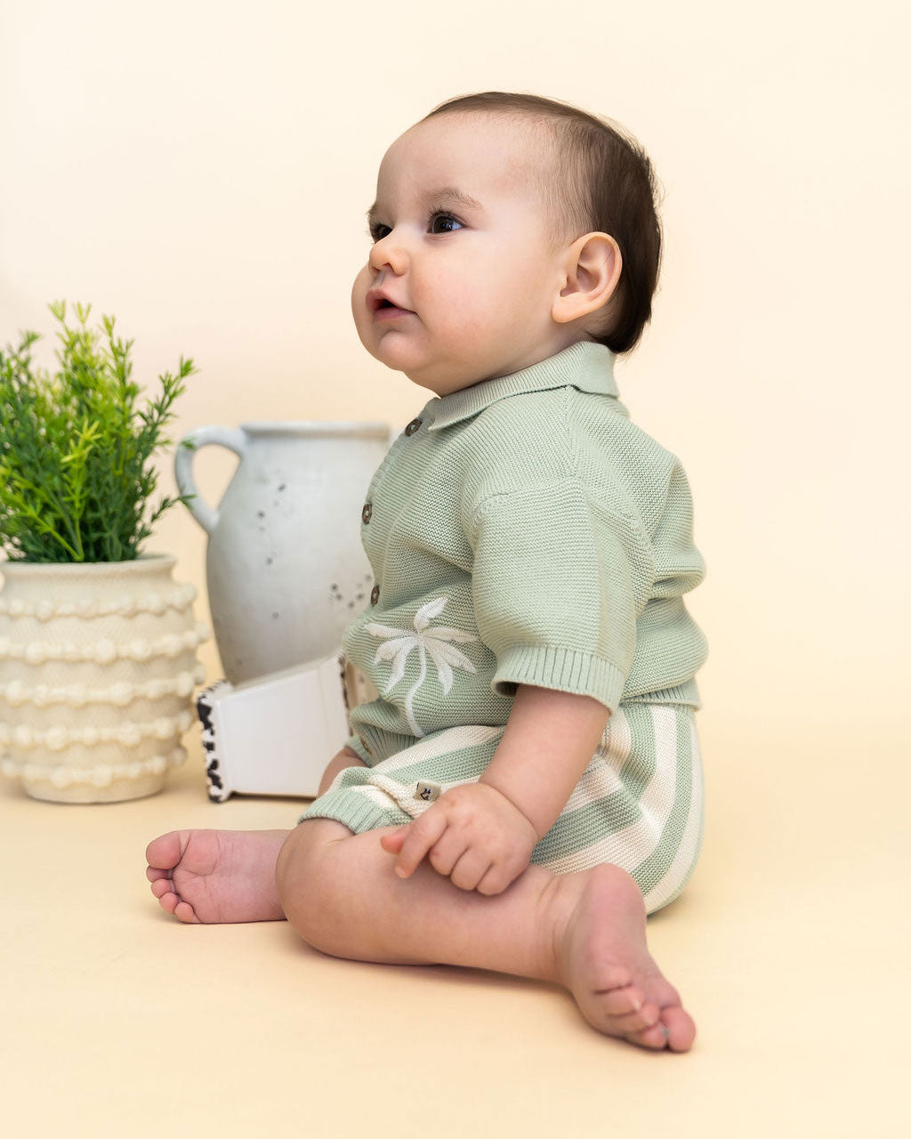 Palm Trees Embroidered Baby Sweater Shirt & Shorts Set (Organic Cotton) Model Sitting