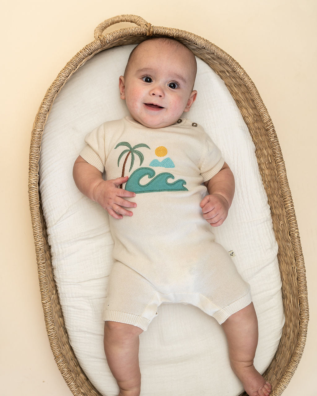 Beach Embroidered Baby Knit Romper (Organic Cotton) - Model