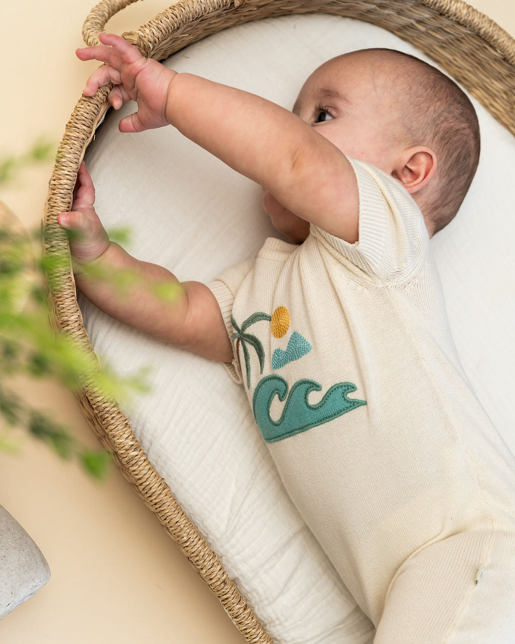 Beach Embroidered Baby Knit Romper (Organic Cotton) - Model
