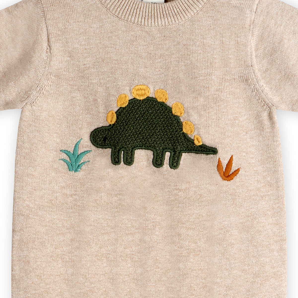 Dino Applique Baby Knit Romper Detail (Organic Cotton)