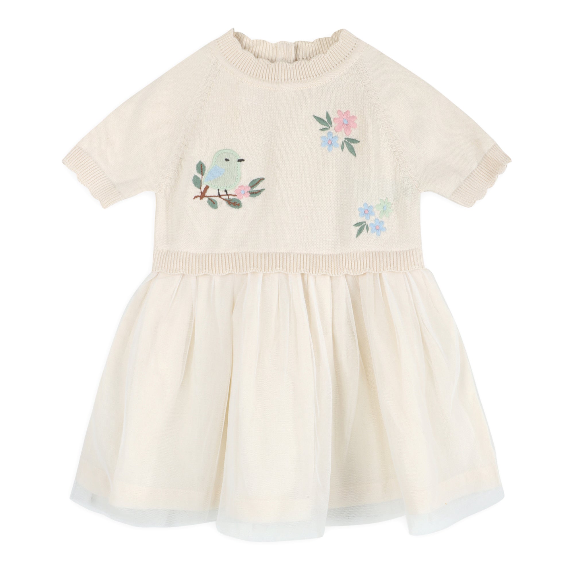 Bird Floral Embroidered Tutu Knit Baby Dress (Organic Cotton)