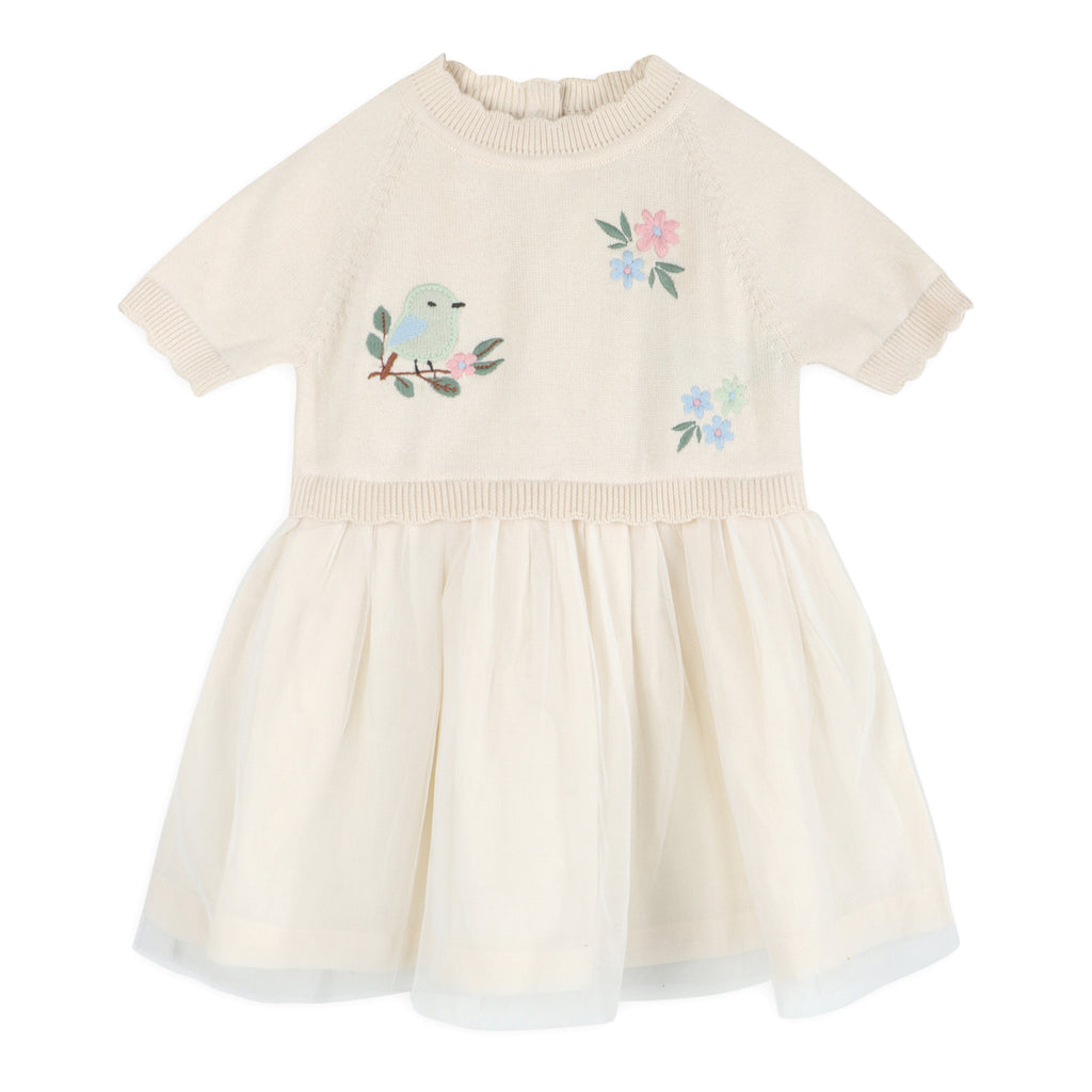 Bird Floral Embroidered Tutu Knit Baby Dress (Organic Cotton)