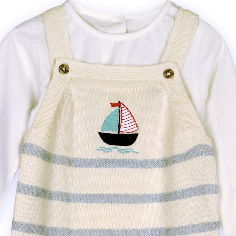 Sailboat Stripe Baby Knit Shortall Detail (Organic Cotton)