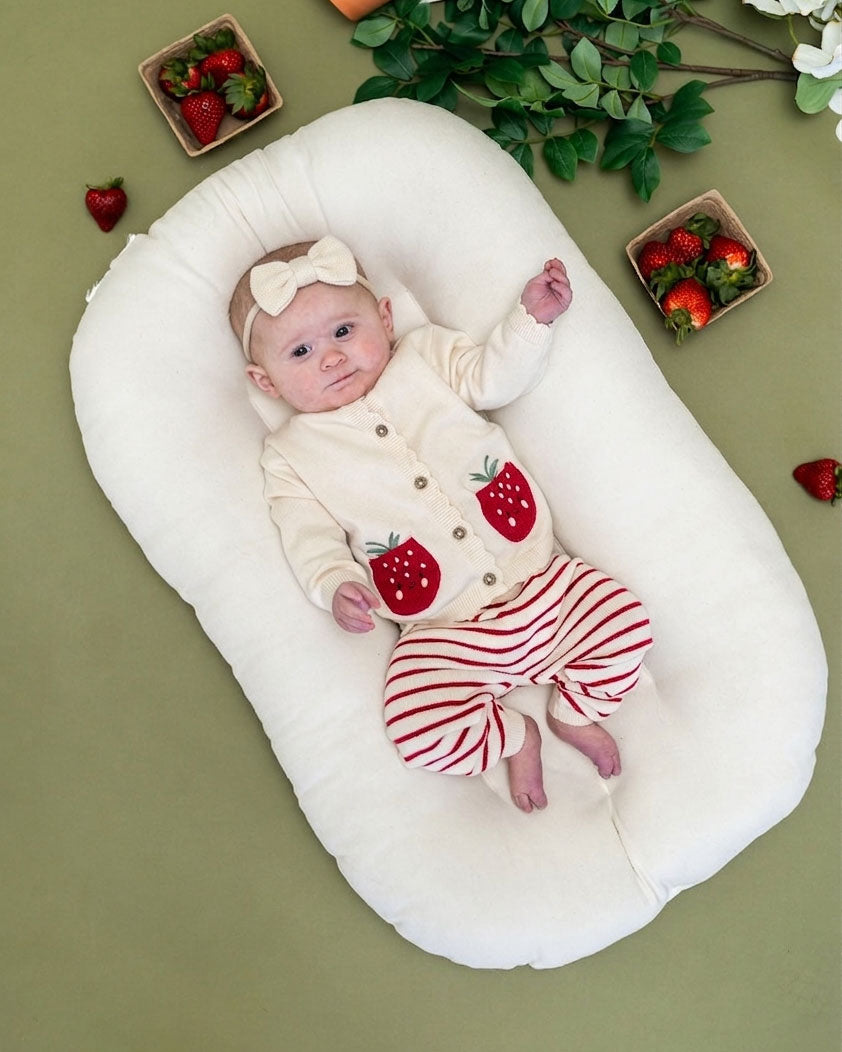 Strawberry Embroidered Pocket Baby Cardigan & Pants Set (Organic Cotton) - Model