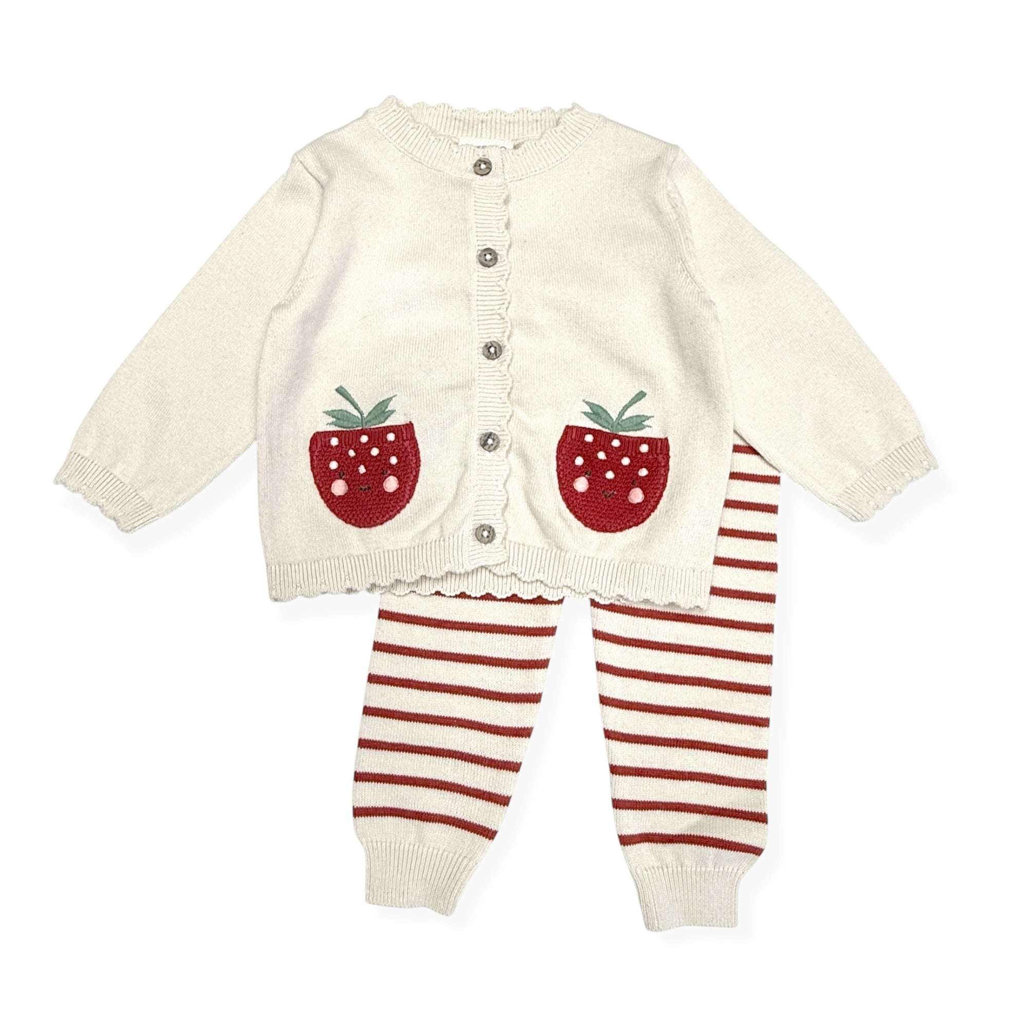 Strawberry Embroidered Pocket Baby Cardigan & Pants Set (Organic Cotton)