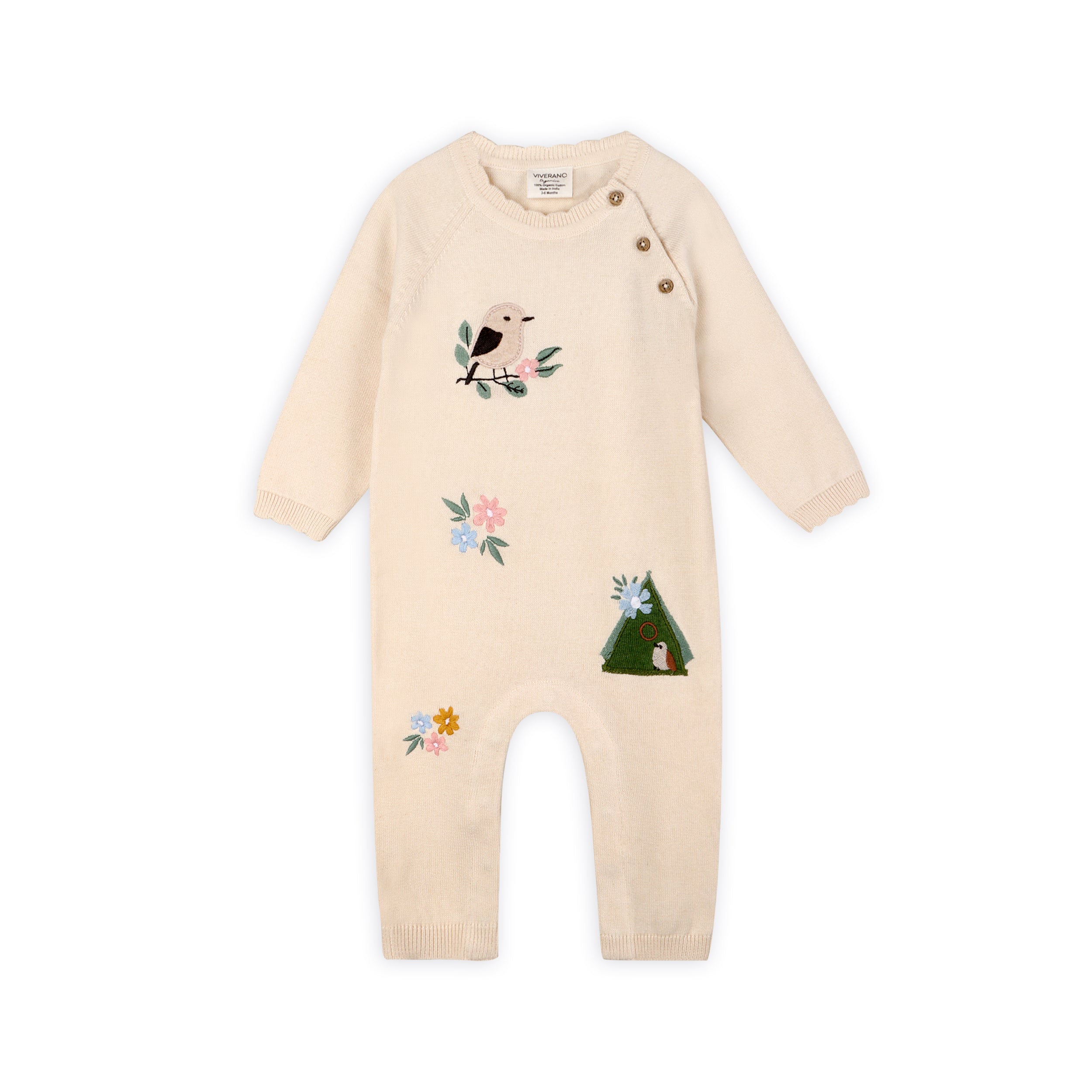 Bird & Floral Embroidered Baby Knit Jumpsuit (Organic Cotton)