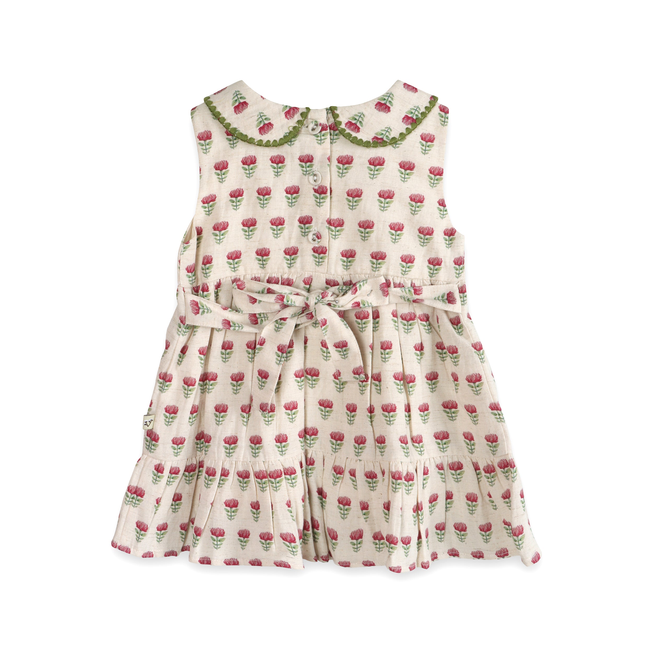 Mia Block Print Floral Baby Dress Back (Linen Blend)