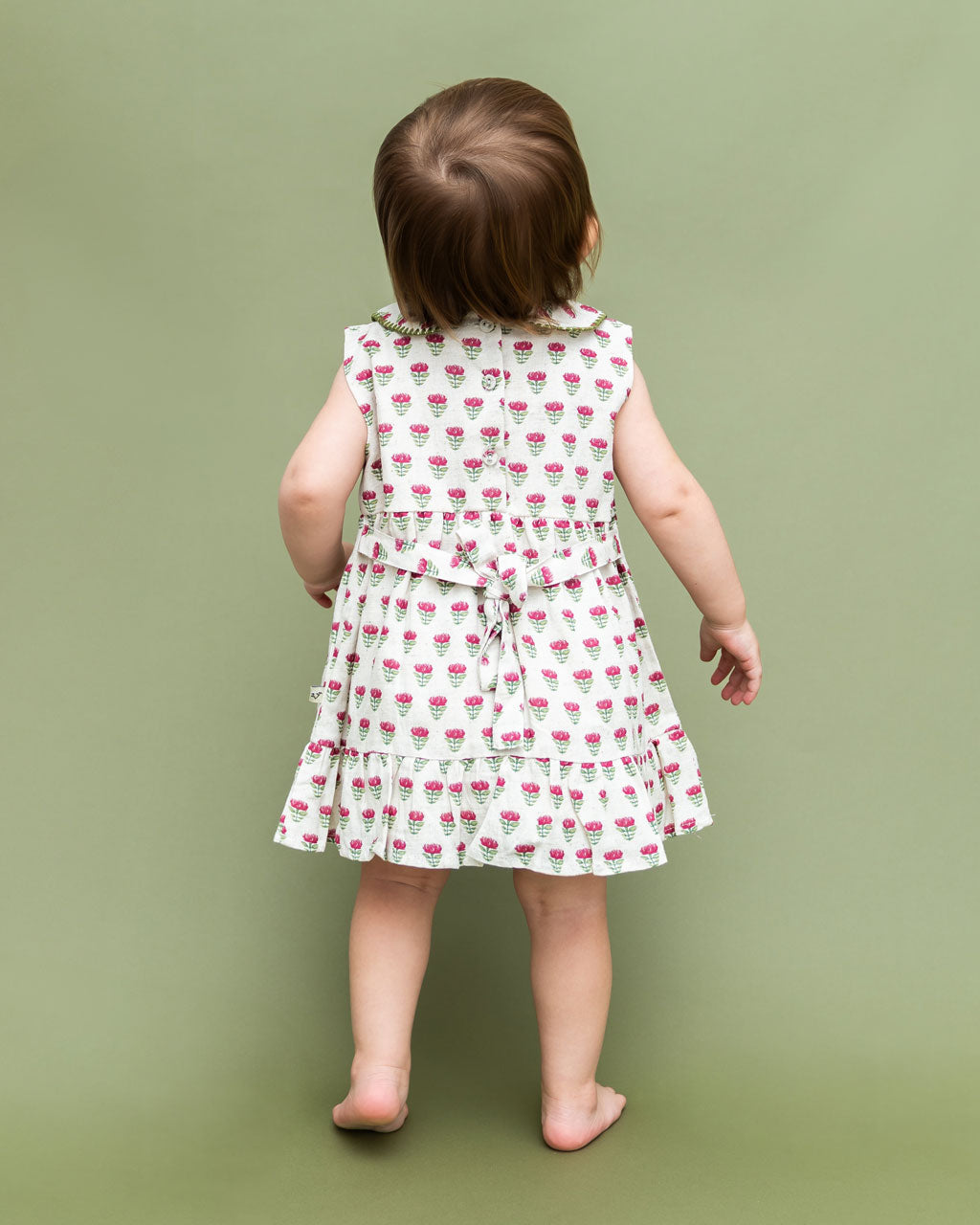 Mia Block Print Floral Baby Dress + Bloomer (Linen Blend) Model Back
