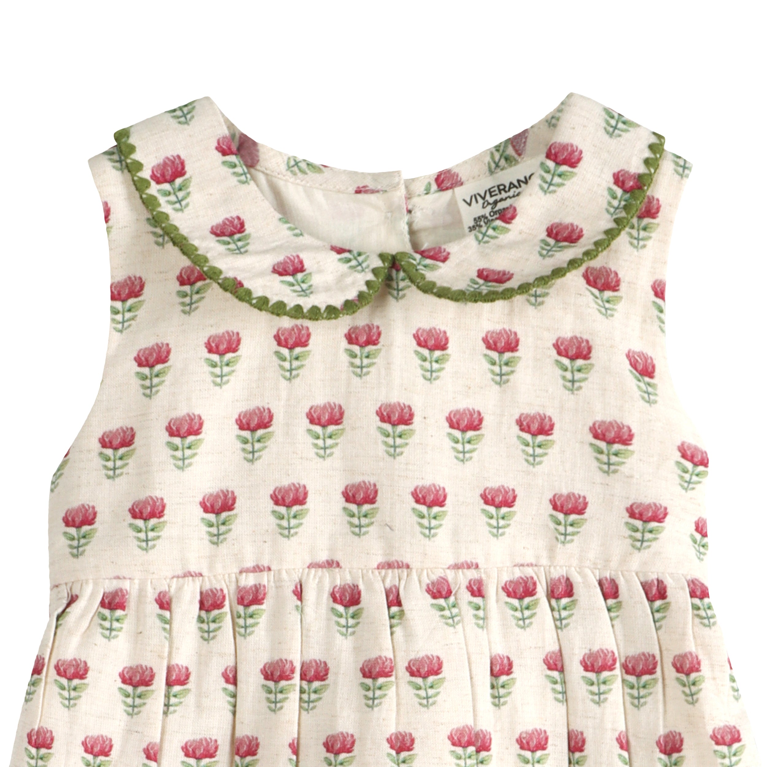 Mia Block Print Floral Baby Dress Detail (Linen Blend)