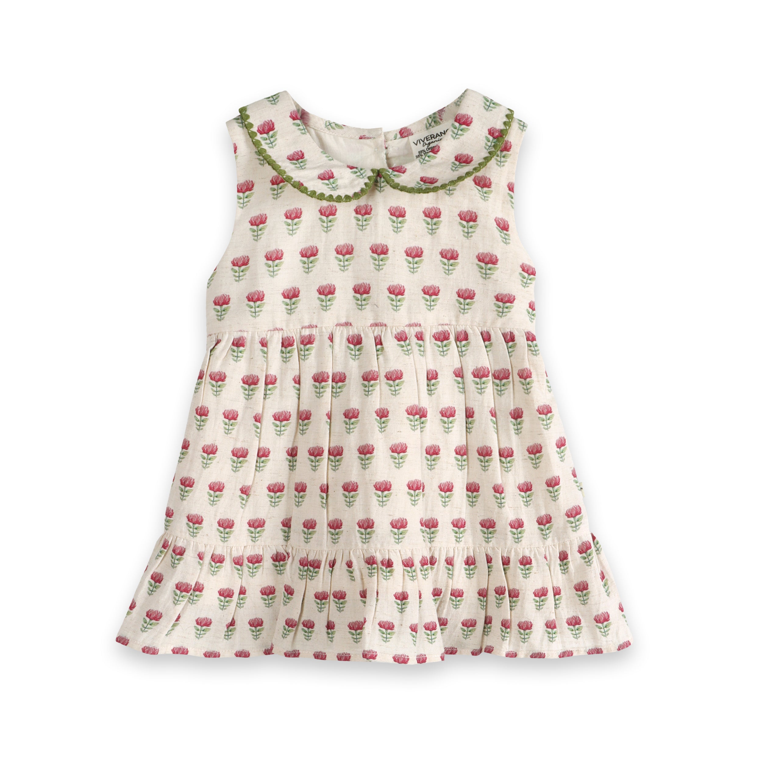 Mia Block Print Floral Baby Dress Front (Linen Blend)