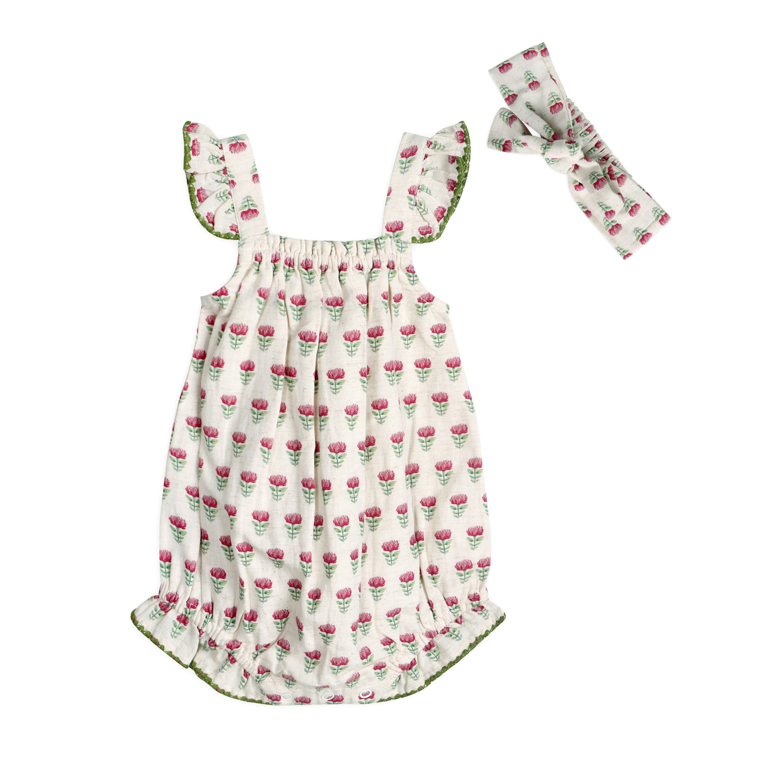 Delaney Block Floral Baby Romper + Headband (Linen Blend)
