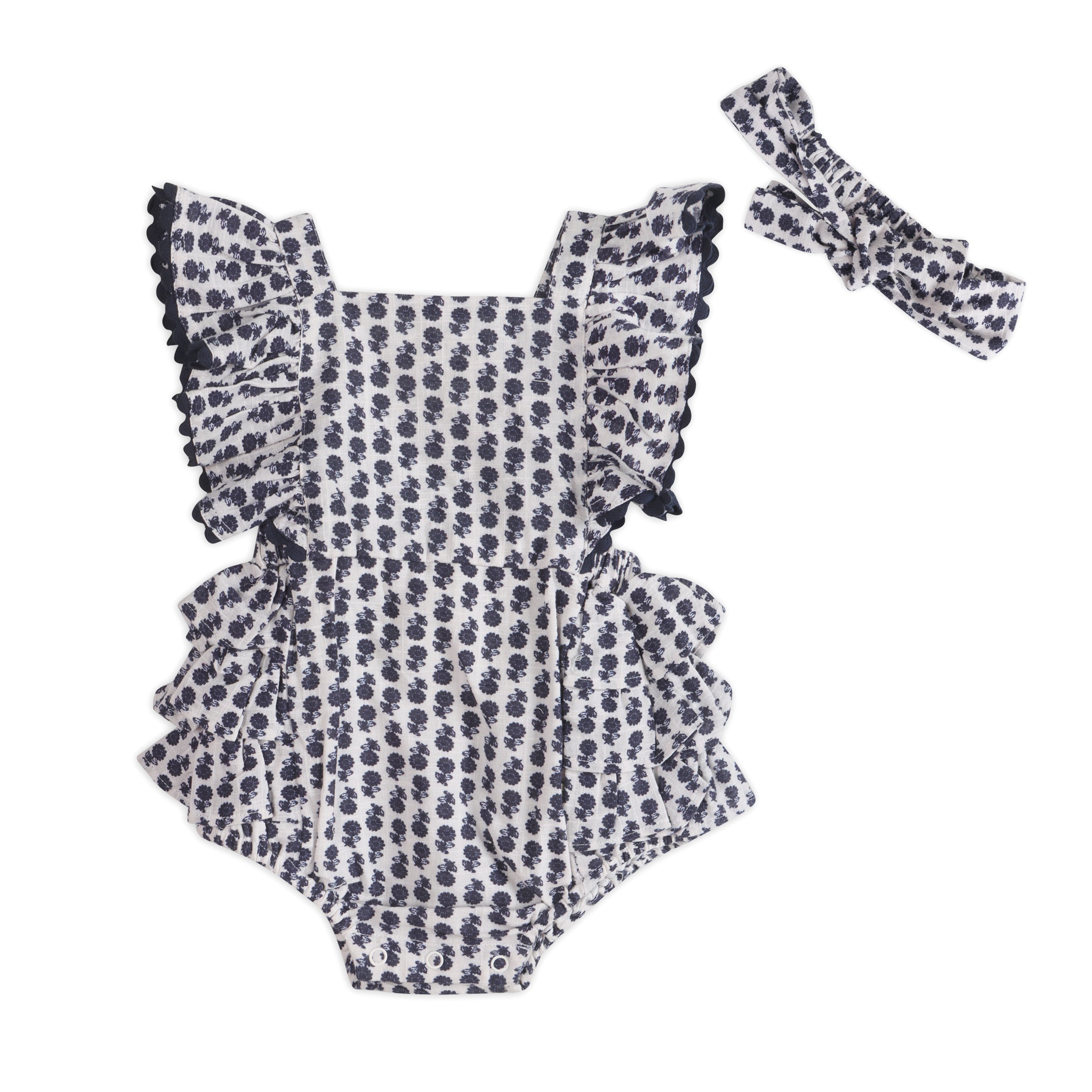 Everly Blue Floral Baby Romper + Headband (Organic)