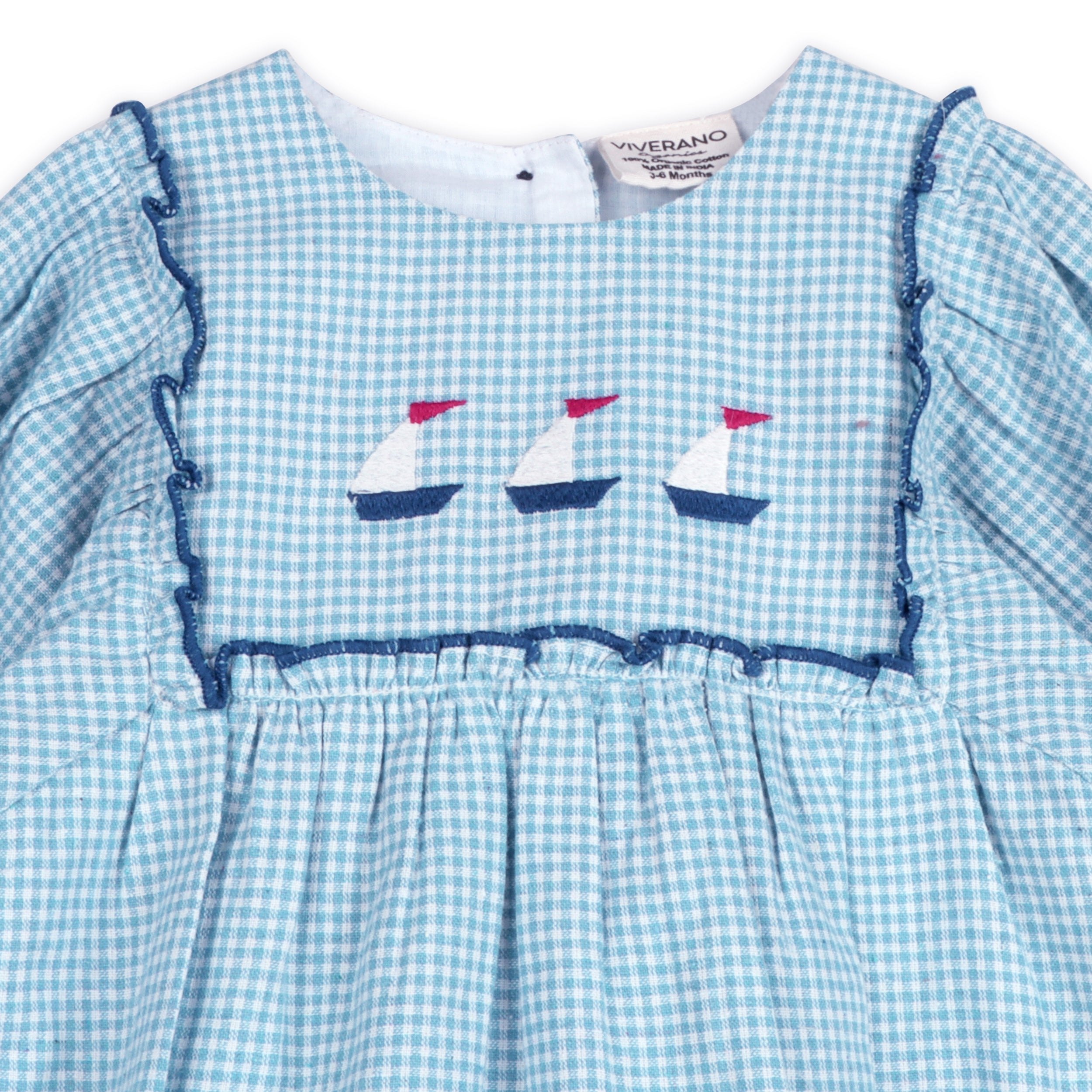 Nautical Embroidered Gingham Baby Romper Detail (Organic)