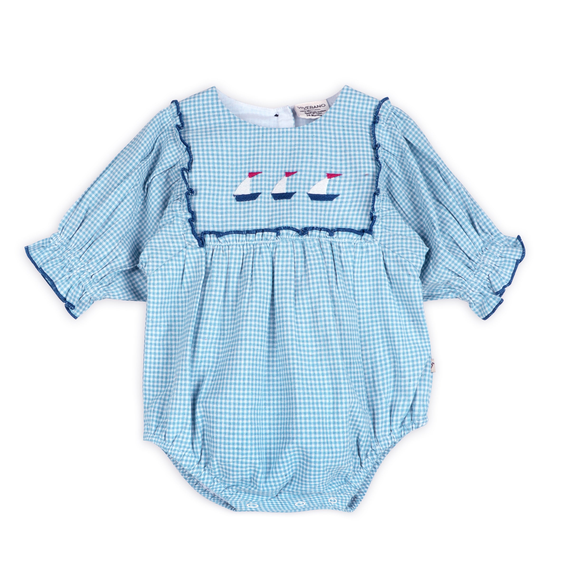 Nautical Embroidered Gingham Baby Romper Front (Organic)
