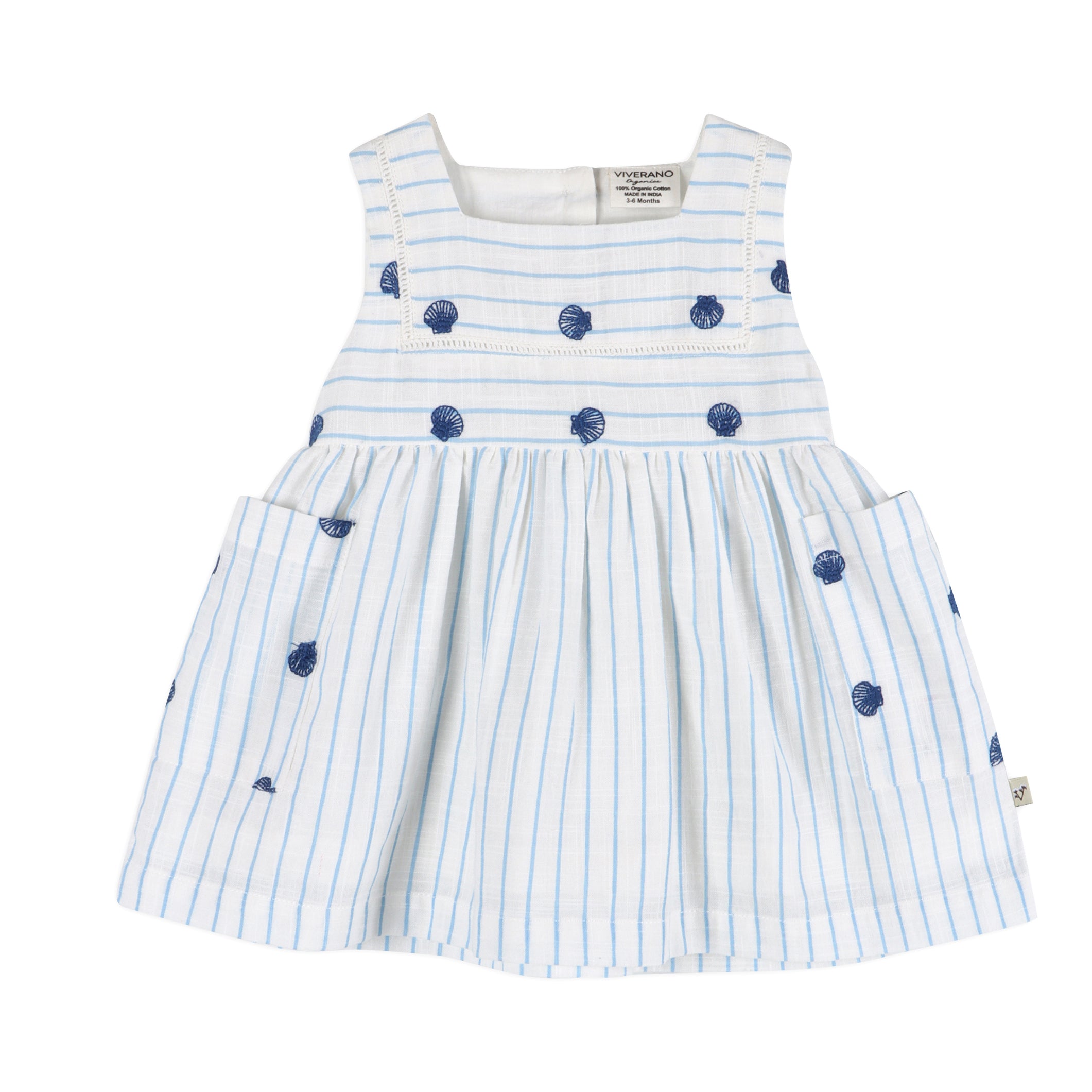 Seashells Embroidered Striped Baby Dress Front (Organic)