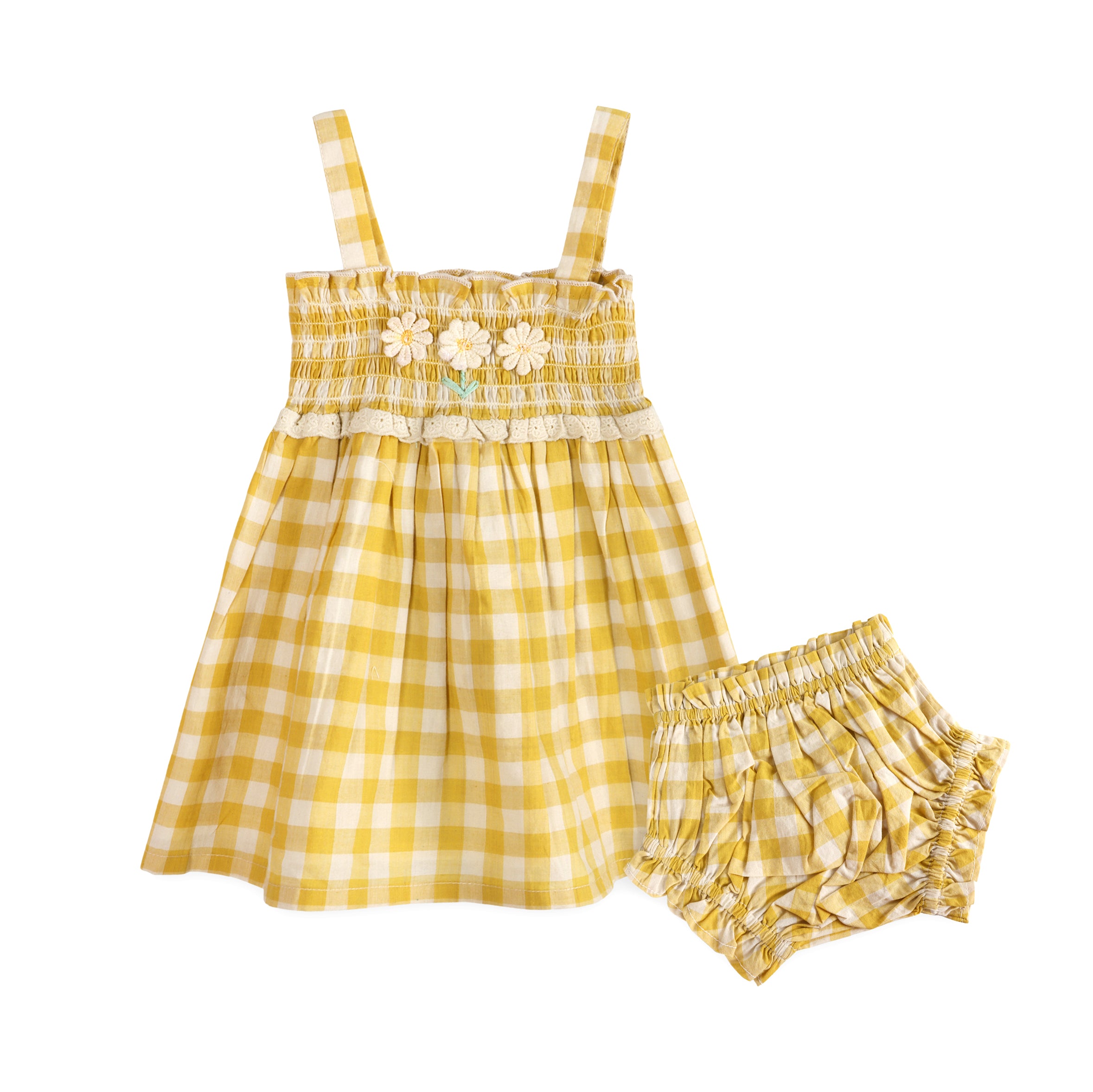 Bonnie Sunshine Gingham Smocked Baby Dress + Bloomer (Organic)