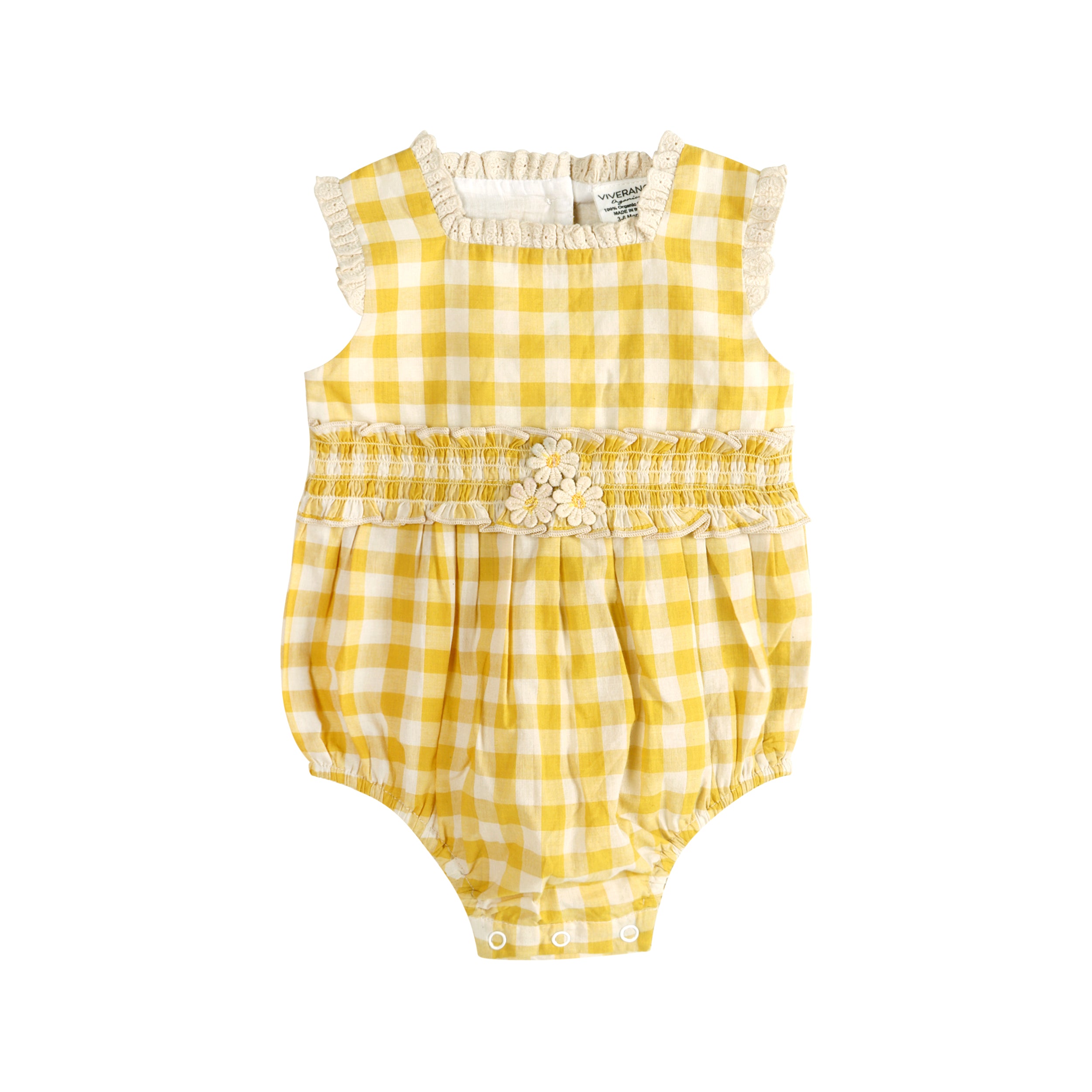 Lucy Gingham Smocked Baby Romper Front (Organic)