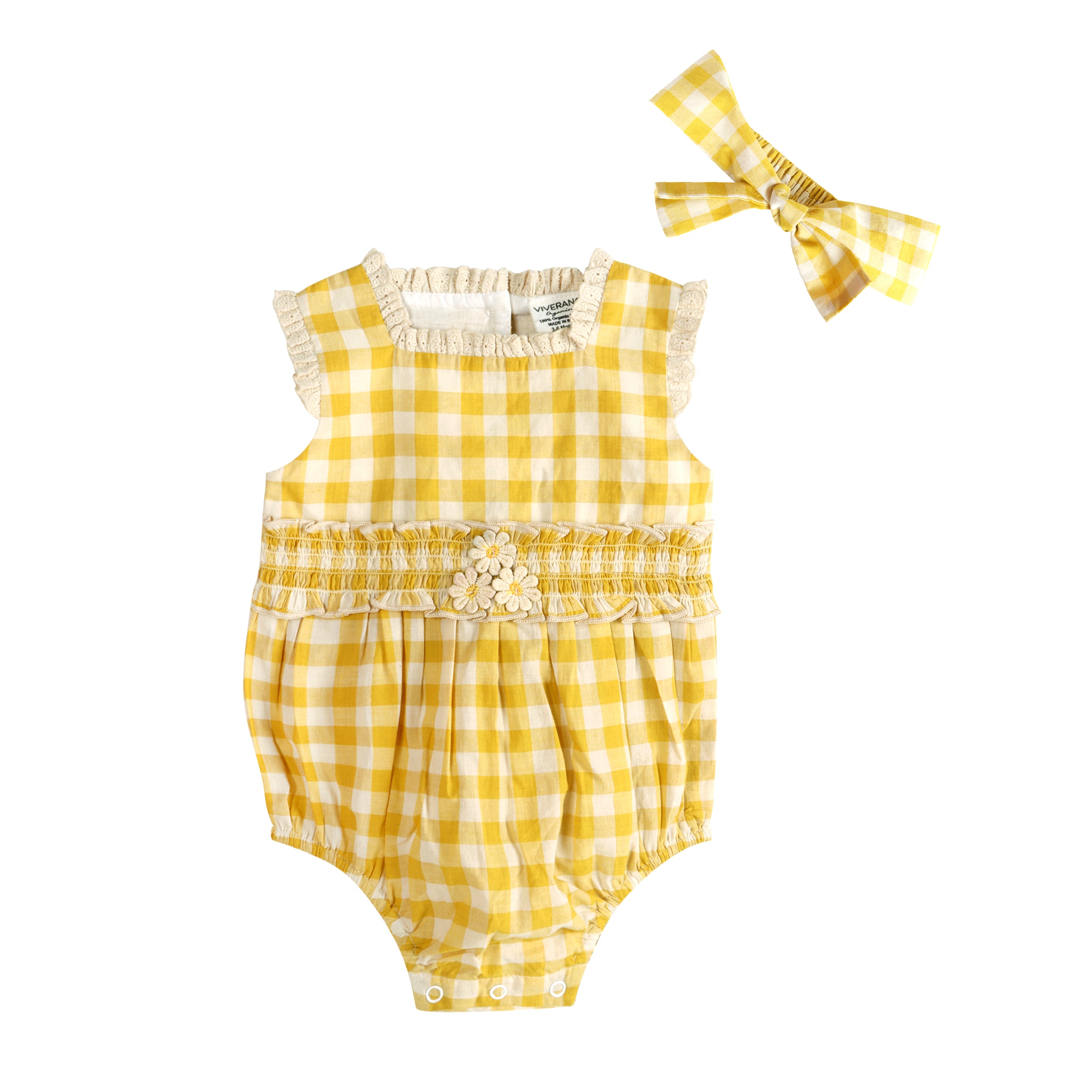 Lucy Gingham Smocked Baby Romper + Headband (Organic)