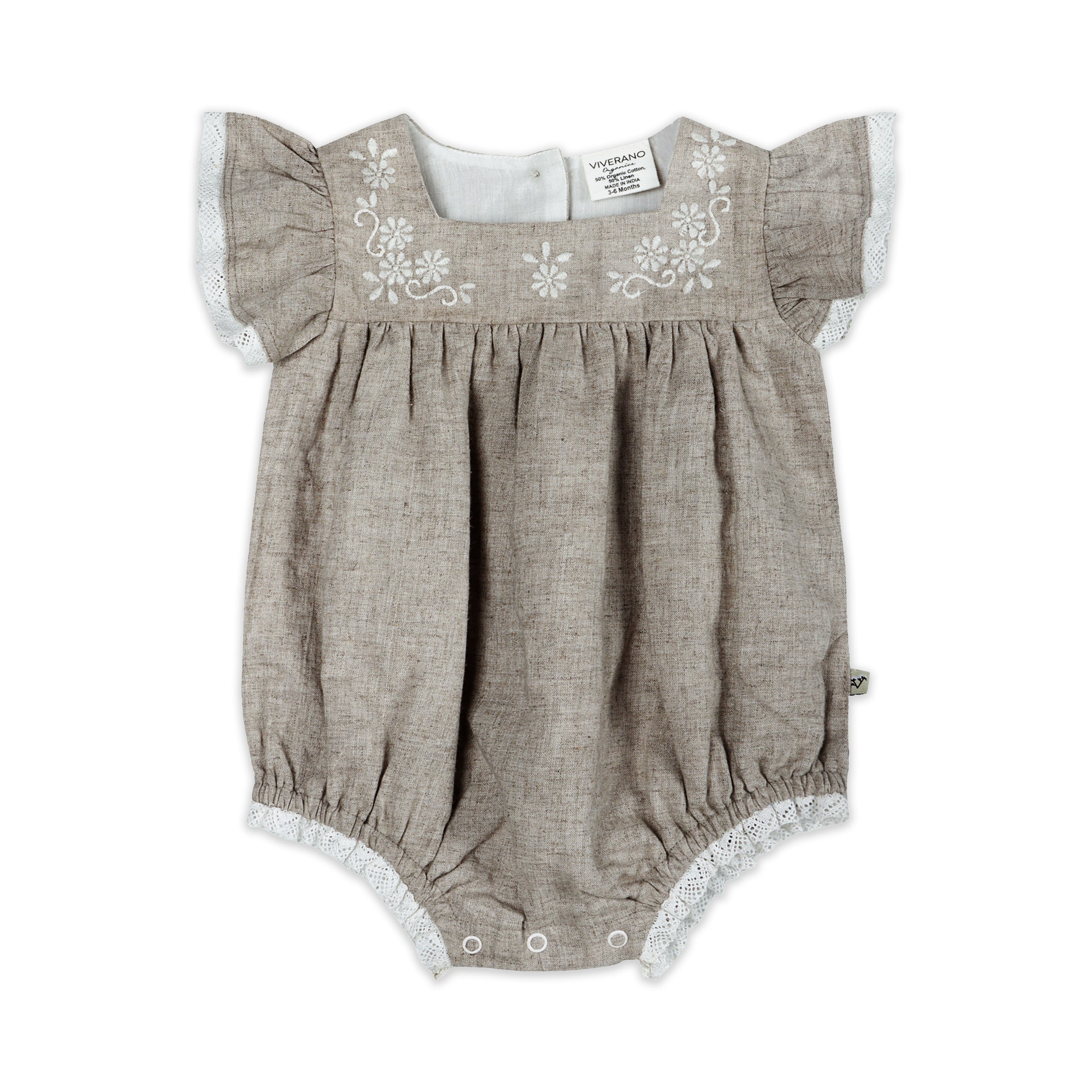 Lena Floral Embroidered Baby Romper Front (Linen Blend)