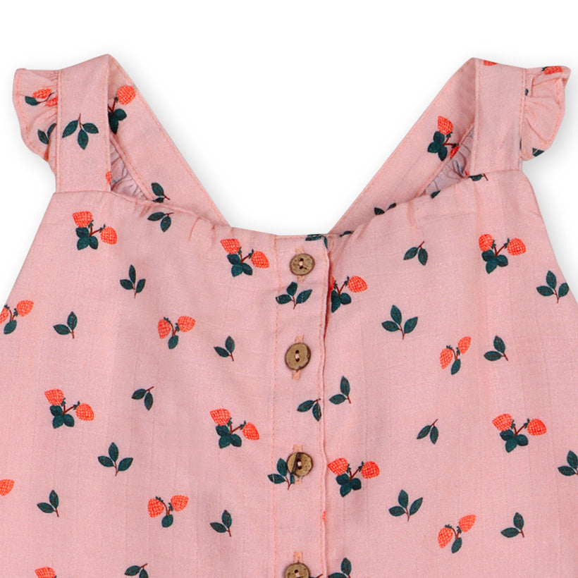 Strawberry Ruffled Baby Jumpsuit Detail (Organic Muslin)