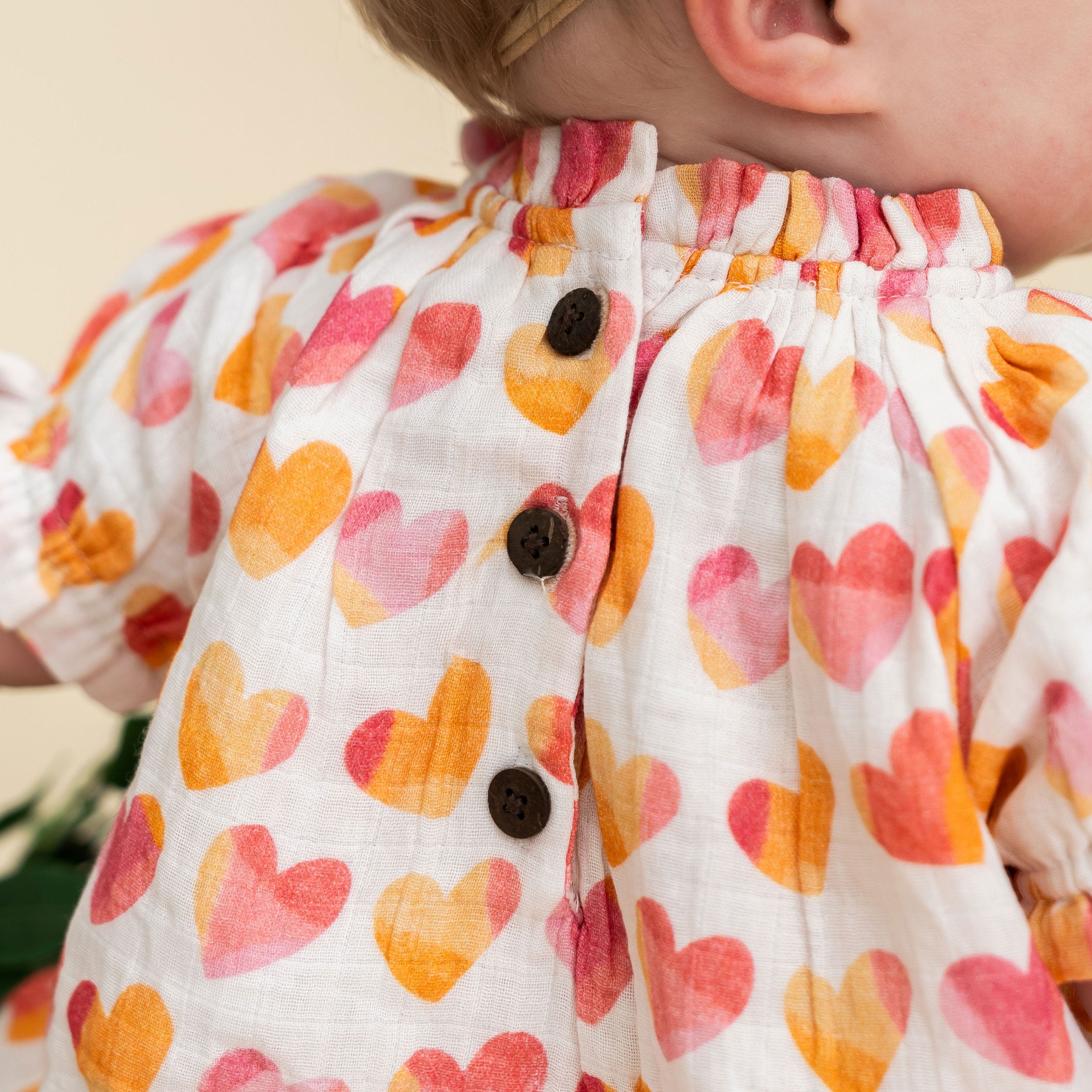Hearts Baby Dress Model Back Detail (Organic Muslin)