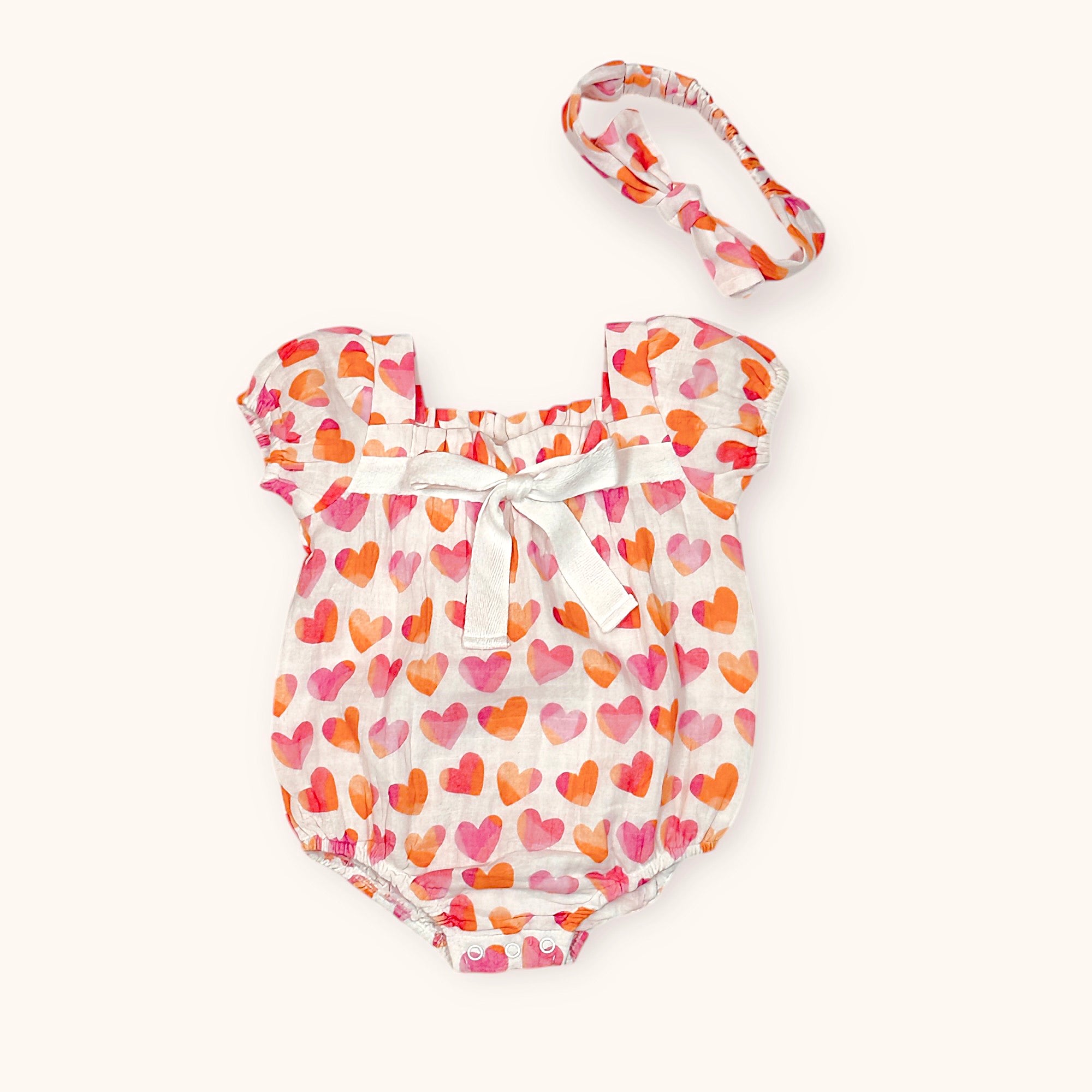 Hearts Baby Bubble Romper + Headband (Organic Muslin)