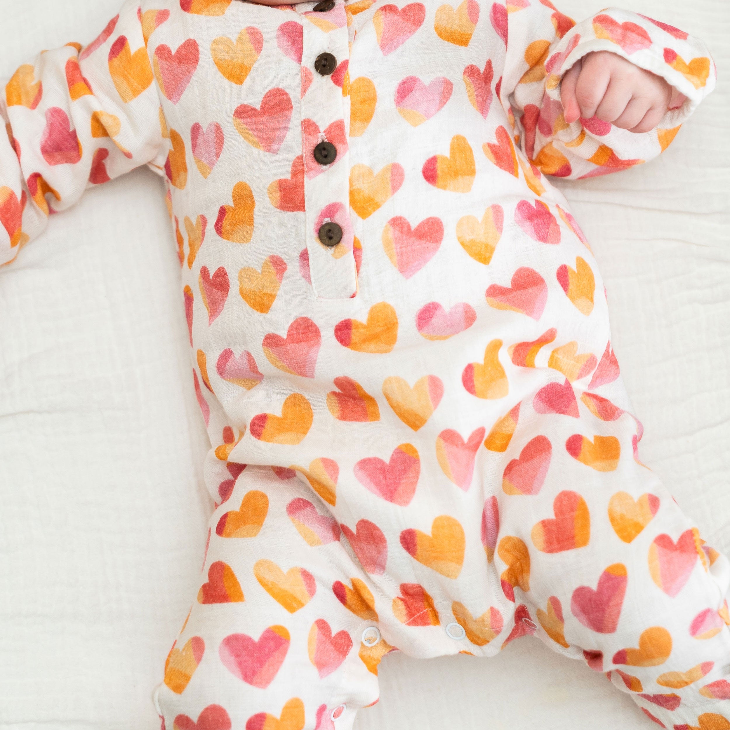 Hearts Baby Coverall Jumpsuit Model Detail (Organic Muslin)