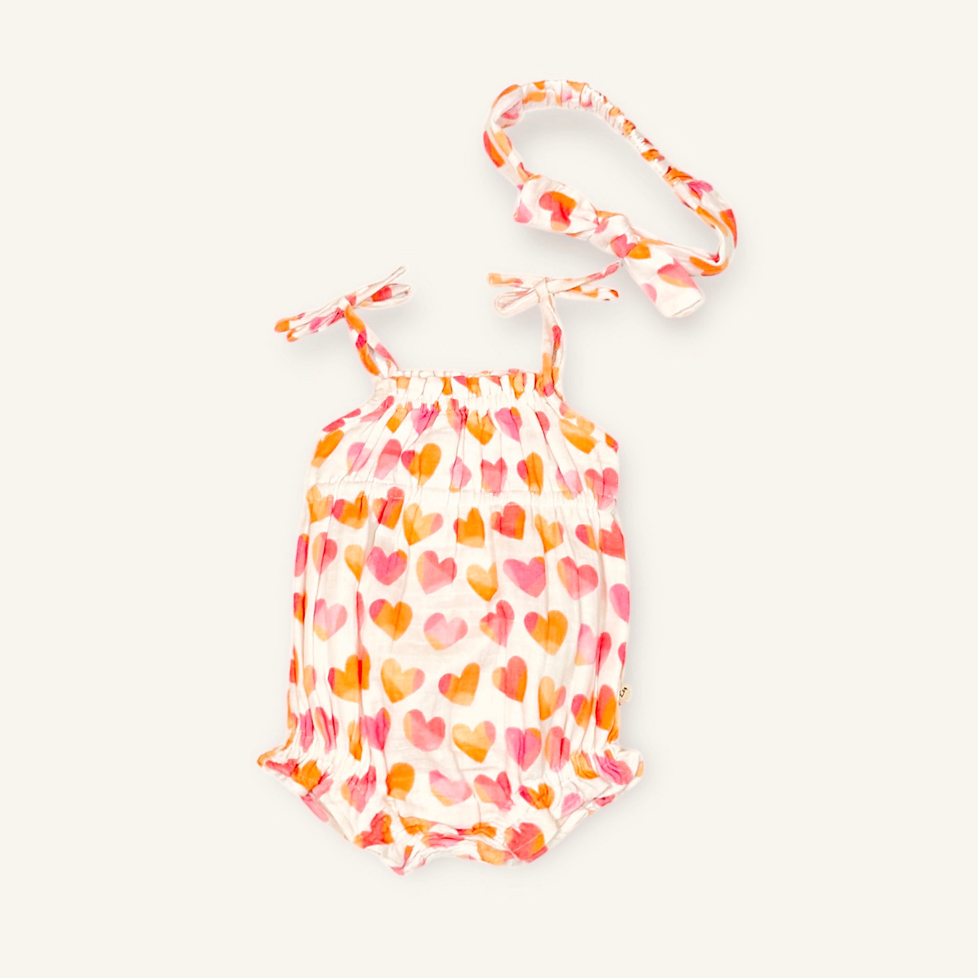Hearts Shoulder Strap Baby Romper + Headband (Organic Muslin)