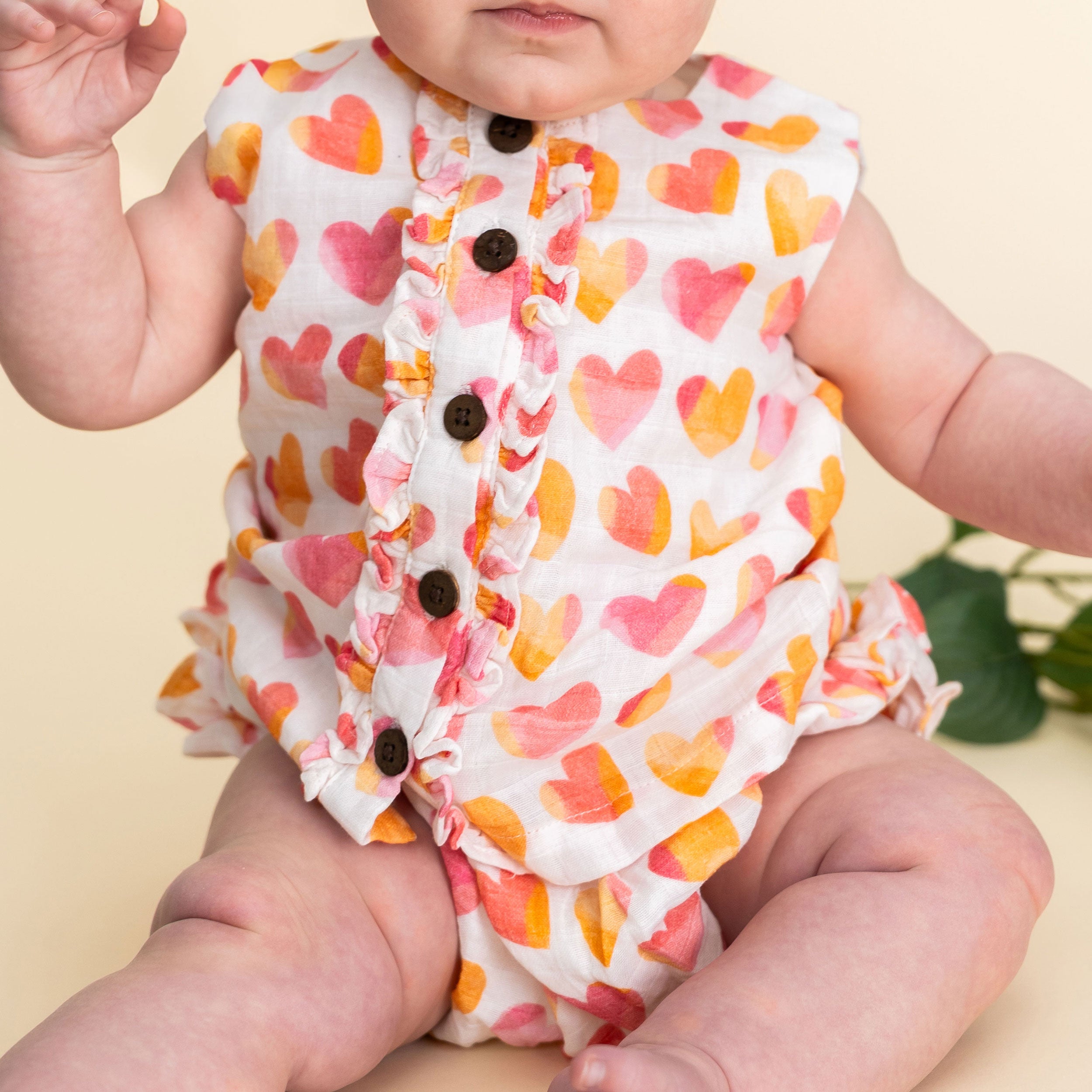 Hearts Button Front Baby Top Detail Model (Organic Muslin)