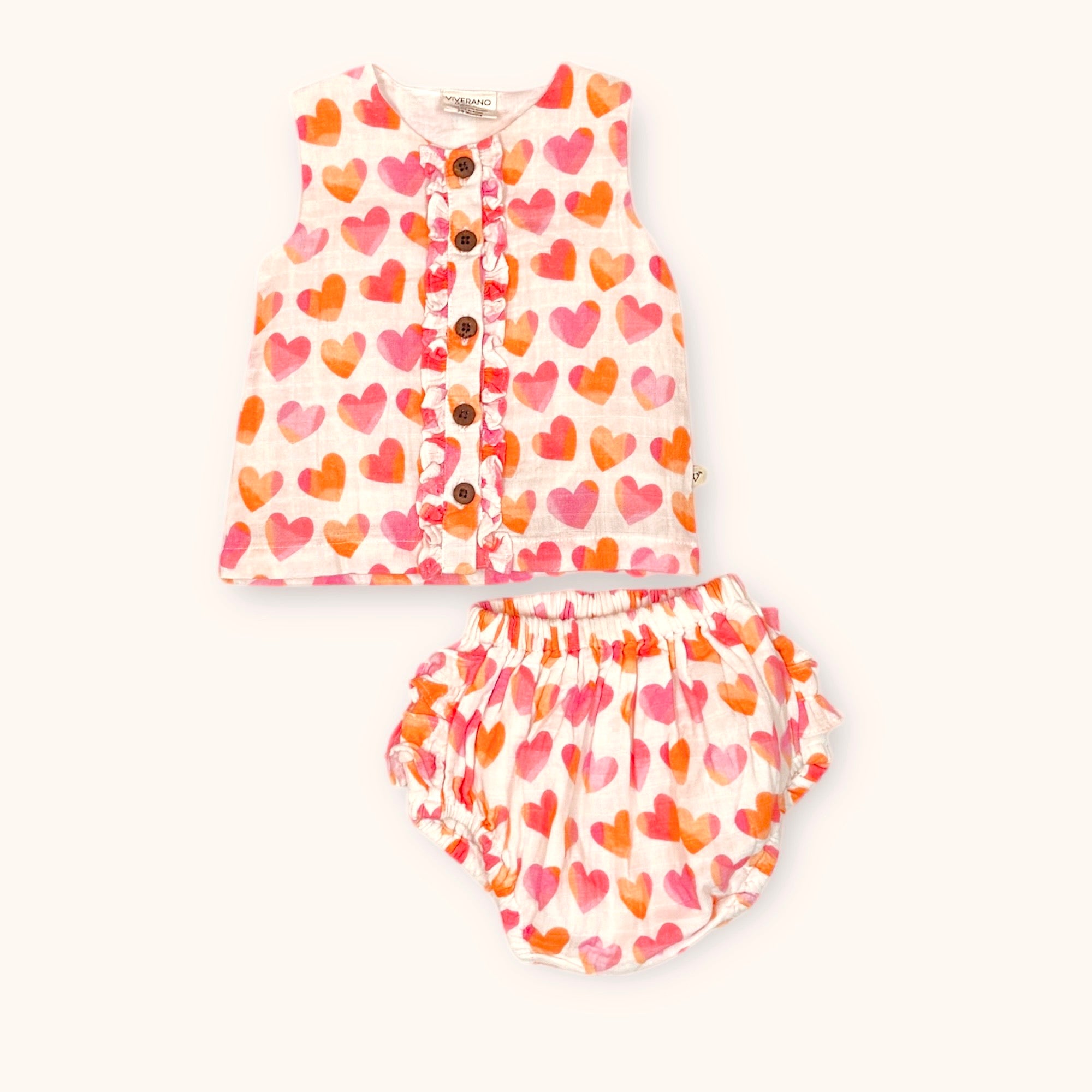 Hearts Button Front Baby Top + Ruffled Bloomer (Organic Muslin)