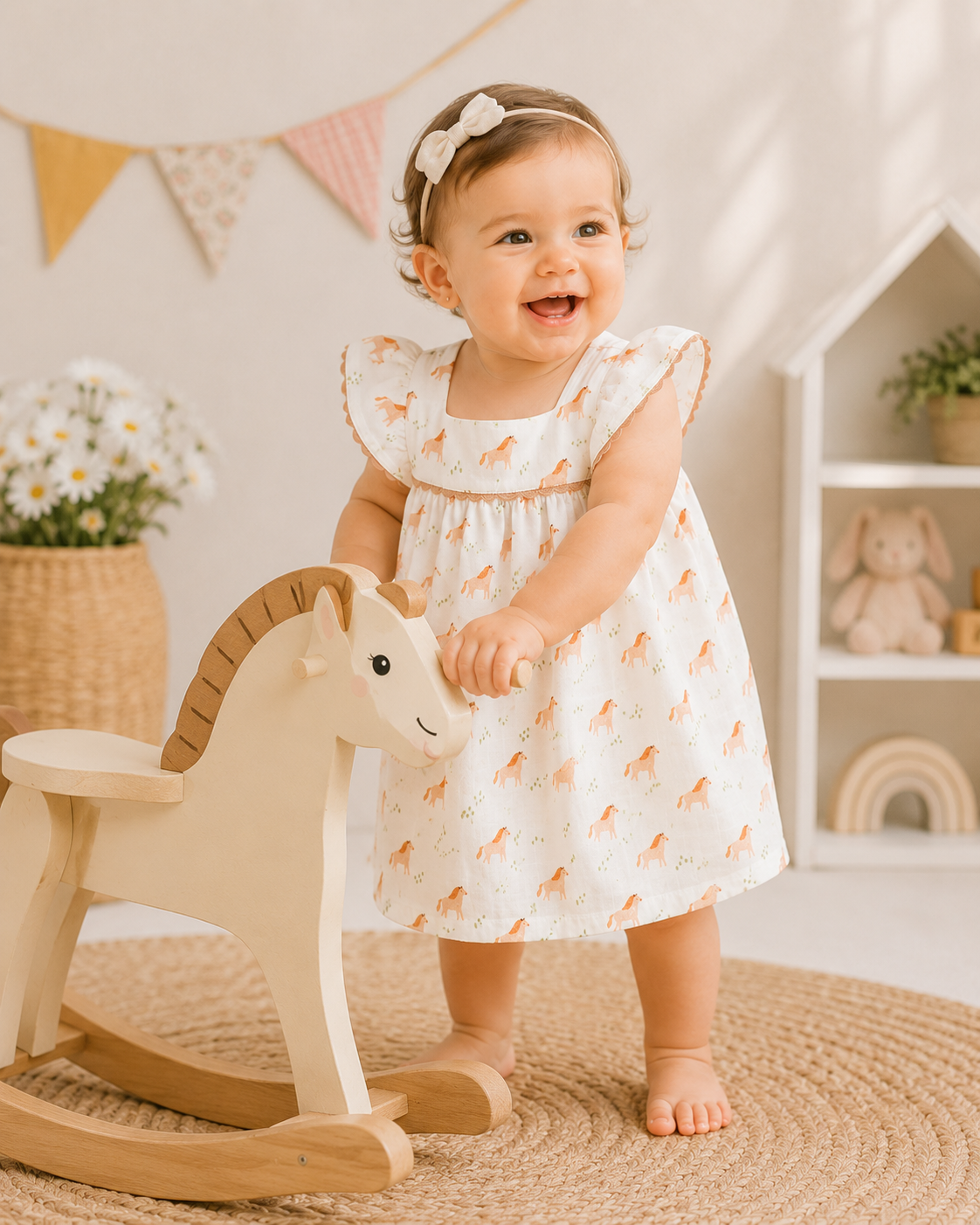 Baby Wearing Horse Baby Dress and Bloomer, Organic Muslin by Viverano
