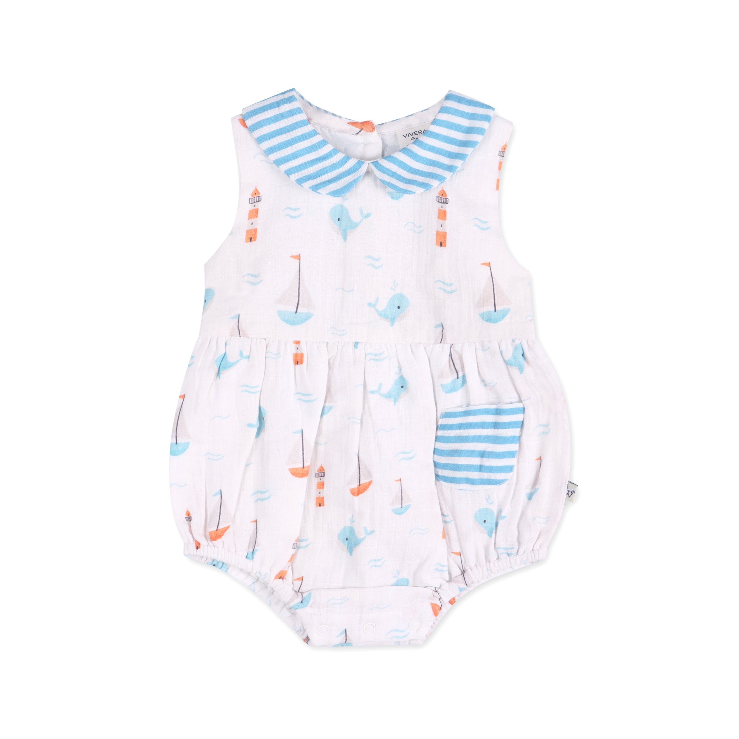 Sailboat Whales Baby Bubble Romper Front (Organic Muslin)