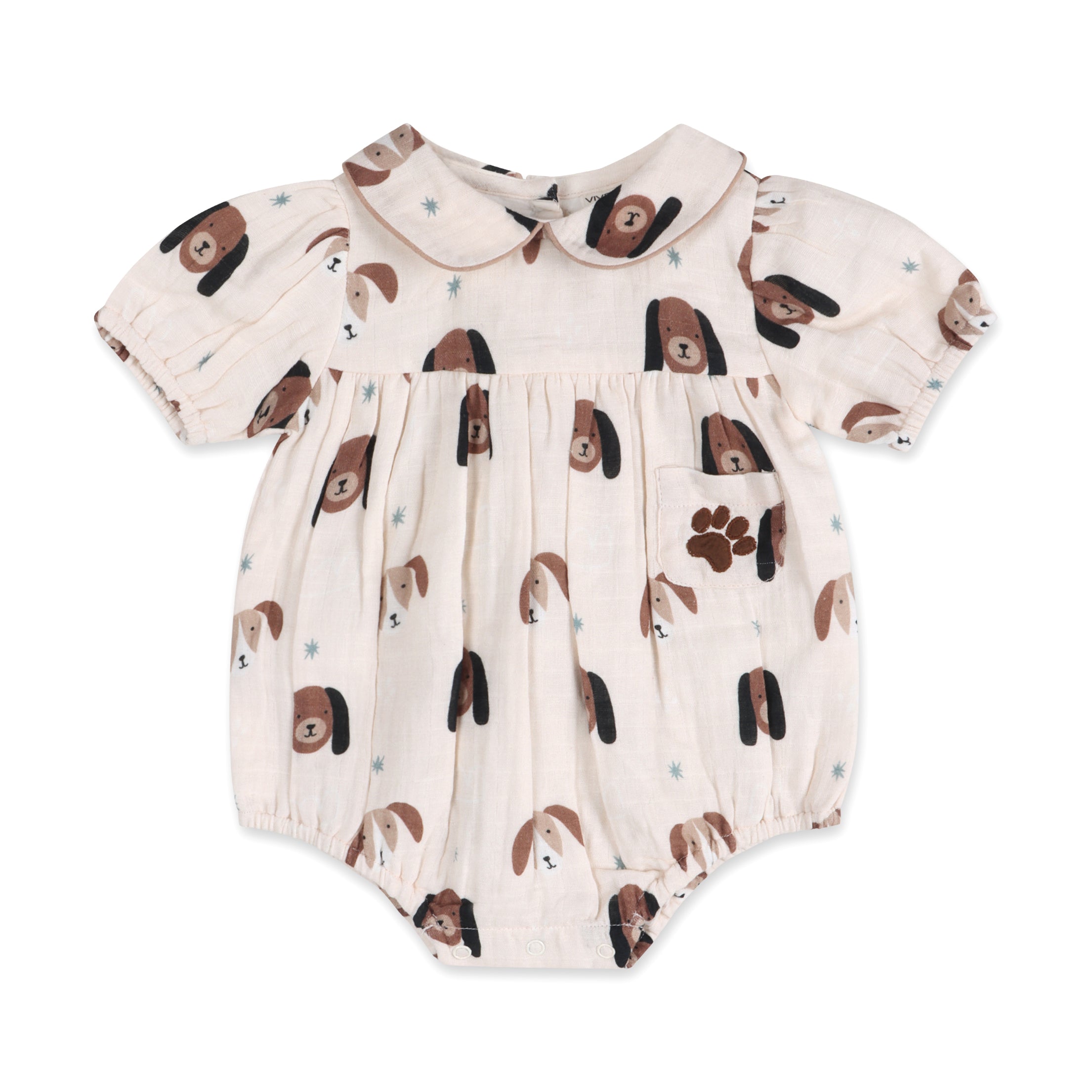 Doggies Peter Pan Collar Baby Romper Front (Organic Muslin)