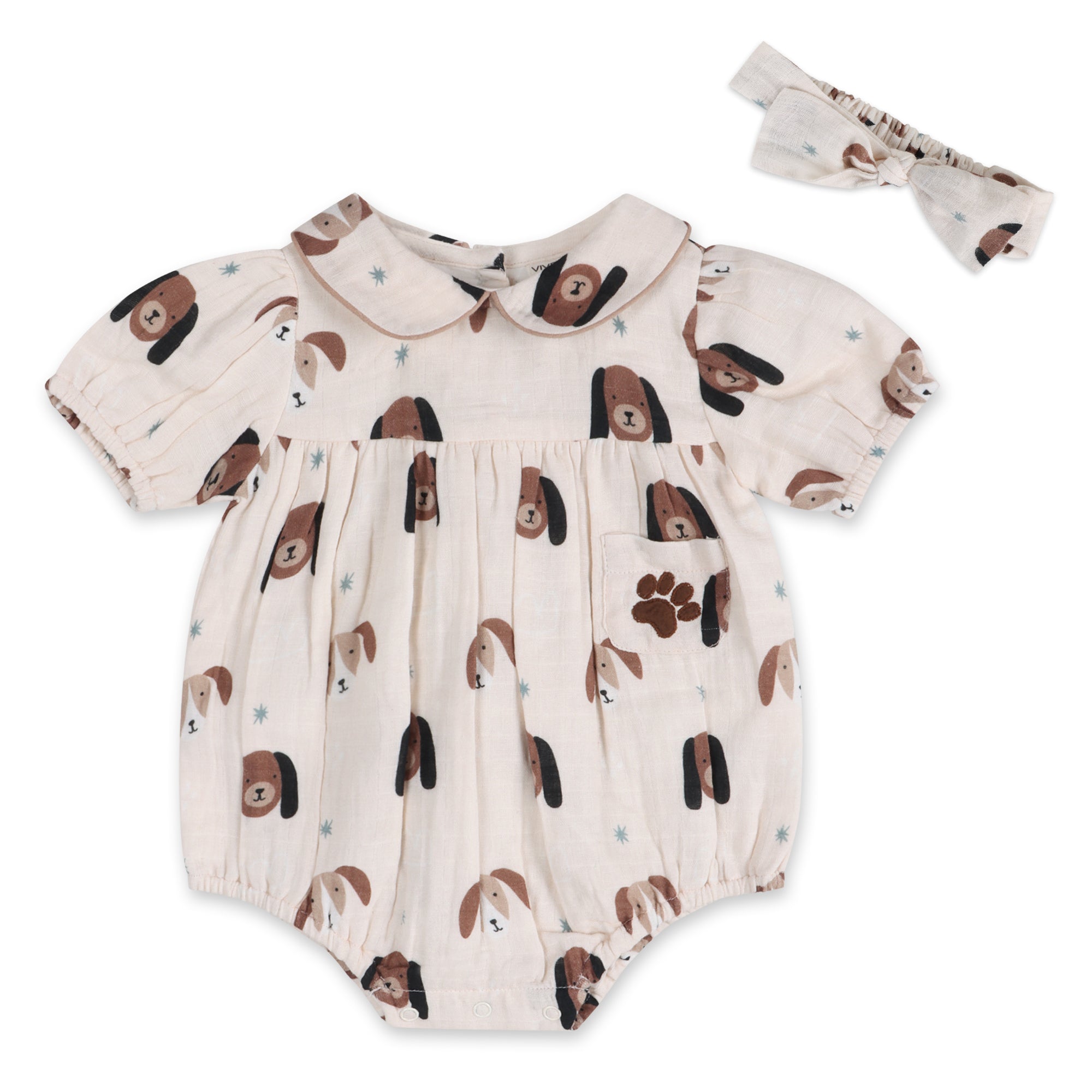 Doggies Peter Pan Collar Baby Romper + Headband (Organic Muslin)
