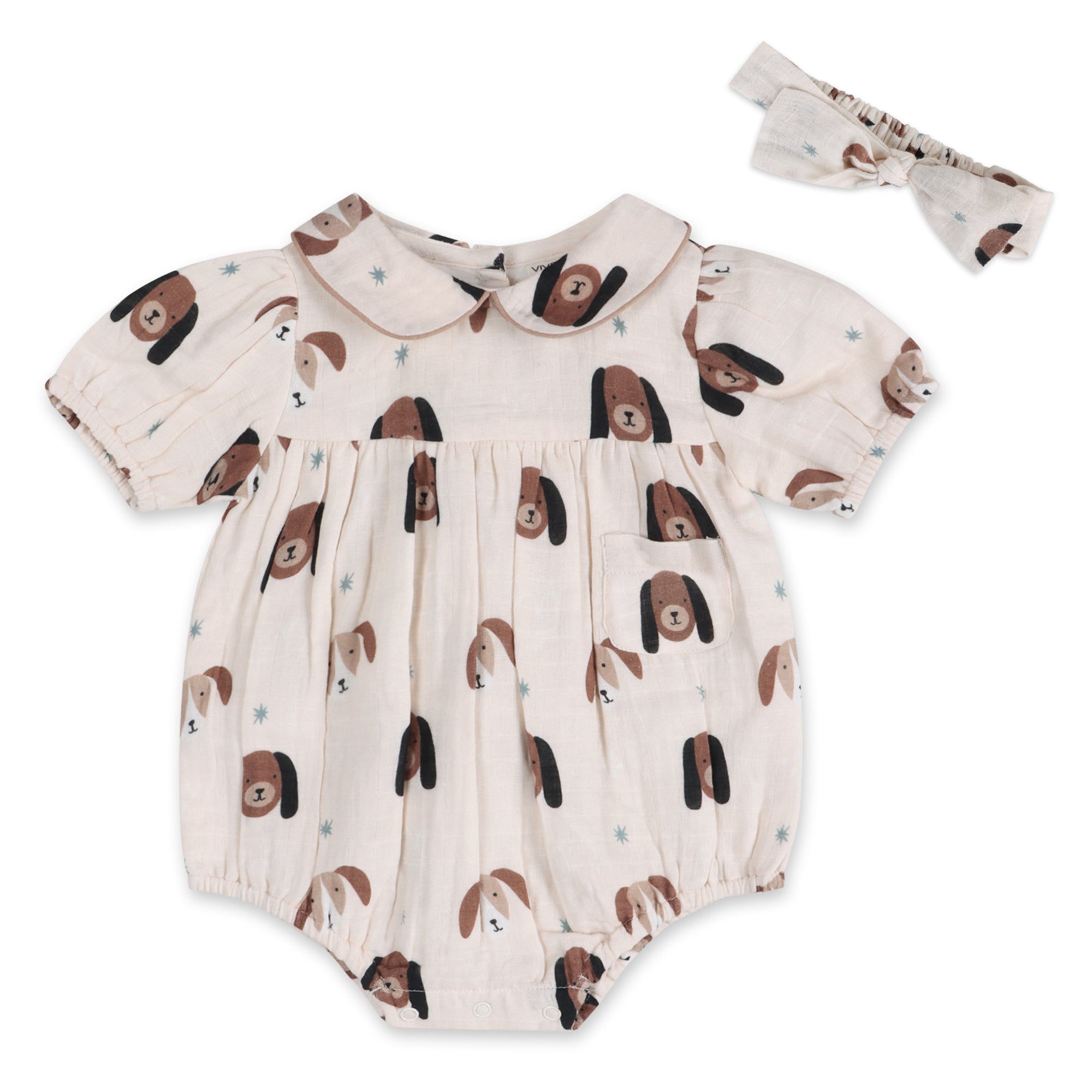 Doggies Peter Pan Collar Baby Romper + Headband (Organic Muslin)